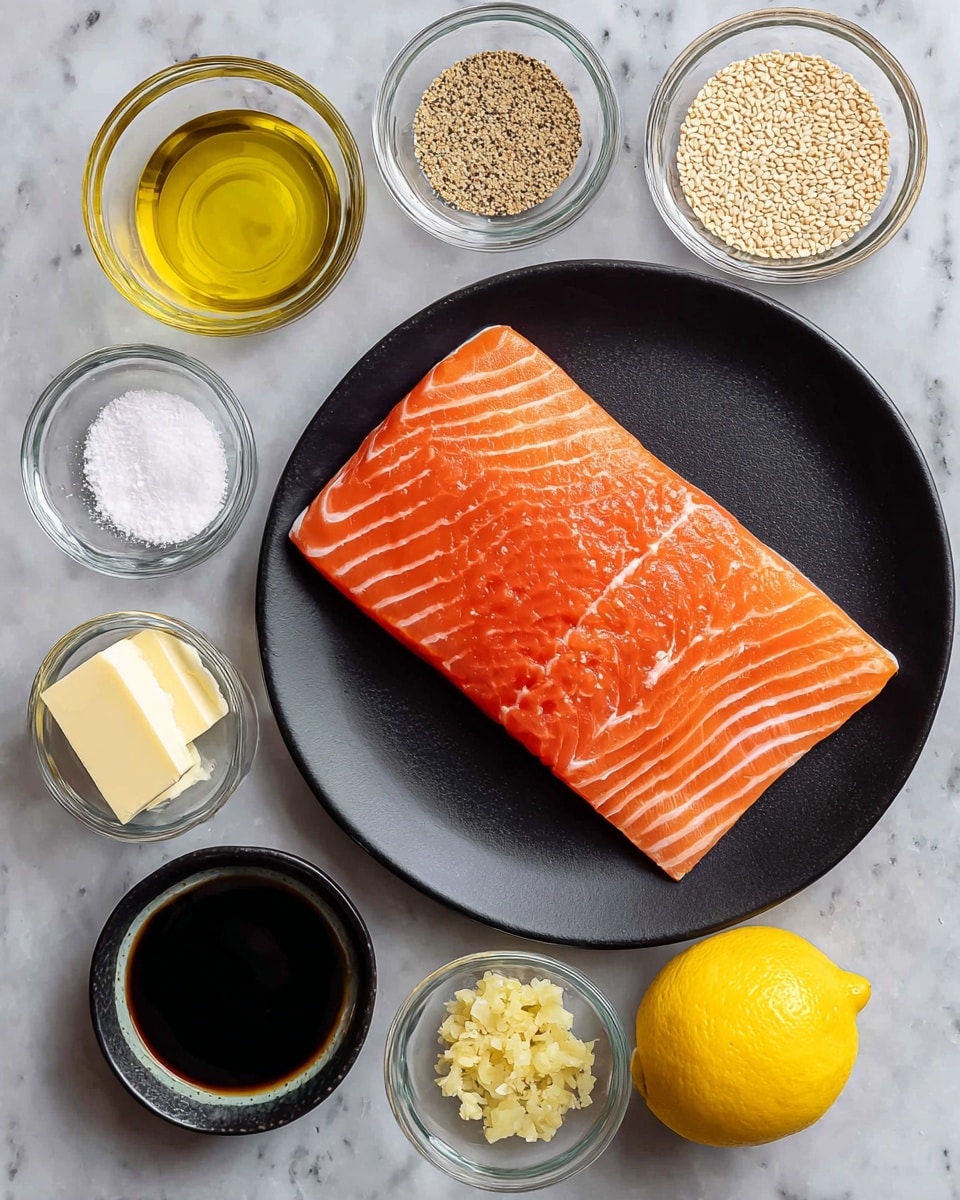 A large piece of bright orange salmon with white marbling lines lies flat at the center of a round black plate. Surrounding the plate on a white marbled surface are several small clear glass bowls with different ingredients: one with light yellow oil, one with light beige white pepper powder, one filled with light brown sesame seeds, one with pale yellow butter, one with a dark liquid soy sauce, and one with a dark brown honey. There is also a small black bowl containing crushed pale yellow ginger and garlic, and a whole bright yellow lemon placed nearby. Each ingredient is clearly shown and neatly arranged around the salmon. Photo taken with an iphone --ar 4:5 --v 7