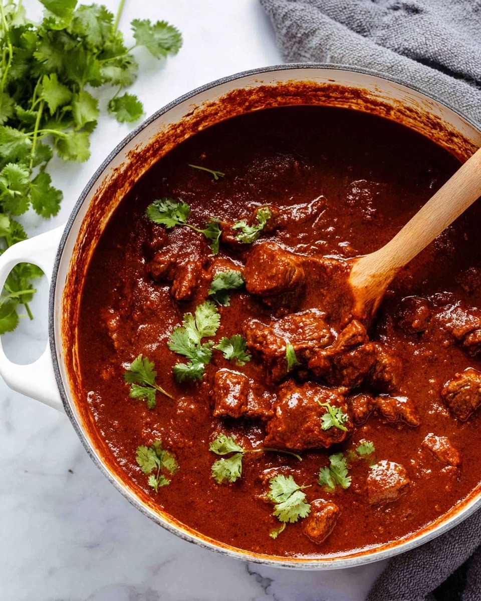 A close-up top view of a white pot filled with thick, dark red stew with chunks of tender meat in a rich sauce, showing a wooden spoon lifting some meat covered in sauce on the right side. The stew is garnished with bright green cilantro leaves scattered on top. The pot is placed on a white marbled surface with a few green cilantro leaves and a gray cloth nearby. Photo taken with an iphone --ar 4:5 --v 7