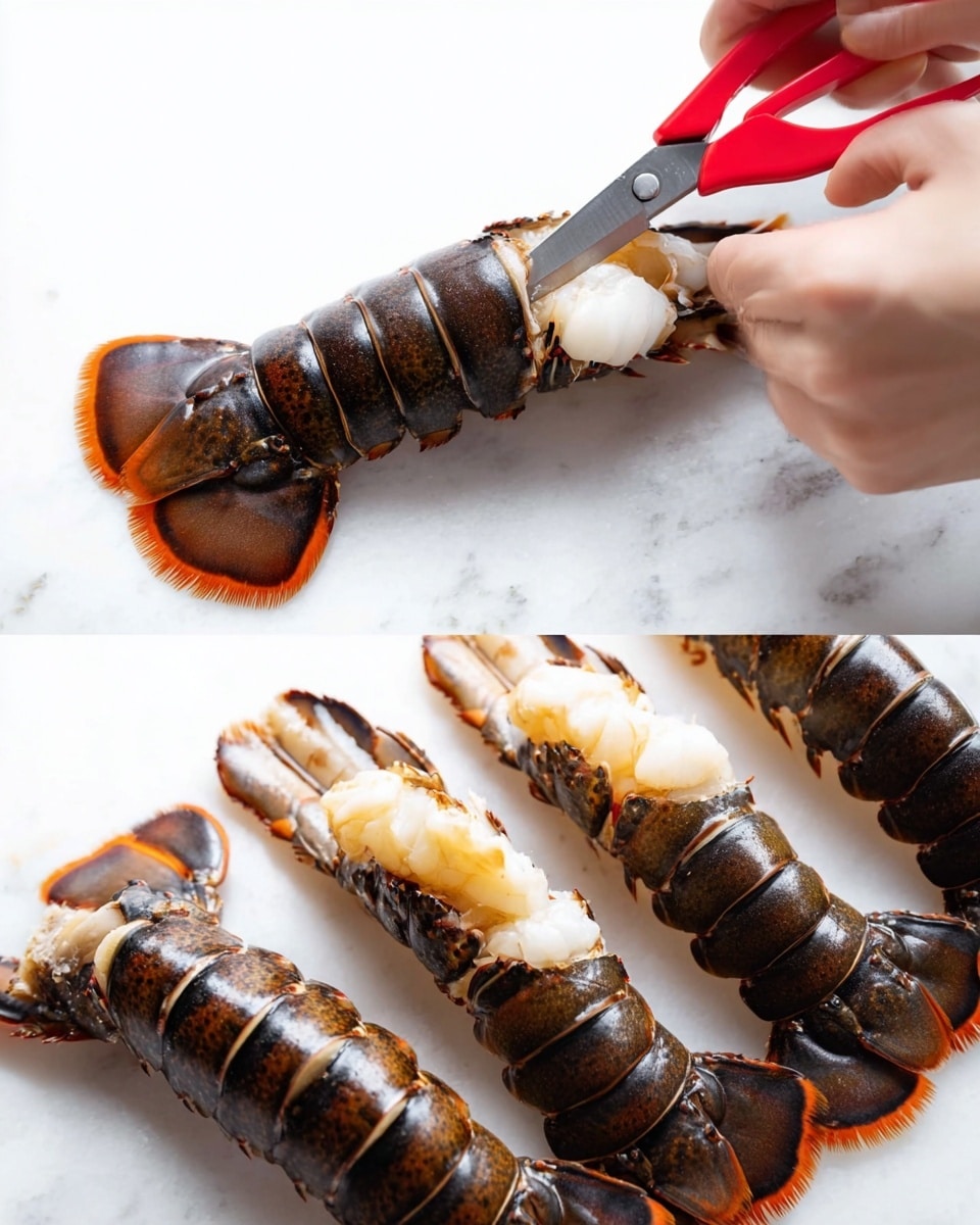The image shows a woman's hand using red scissors to cut through the thick, dark brown shell of a lobster tail that is placed on a white marbled surface. The lobster tail has segmented plates with a rough texture and some slight orange coloring around the joints. Next to this, there are five lobster tails arranged on the same white marbled surface, with the shell partially removed to reveal the white, tender flesh underneath. The lobster shells have a dark brown to black color with orange highlights, and the meat inside looks moist and firm. The overall scene is bright with clear details on the lobster tails and the white marbled background photo taken with an iphone --ar 4:5 --v 7