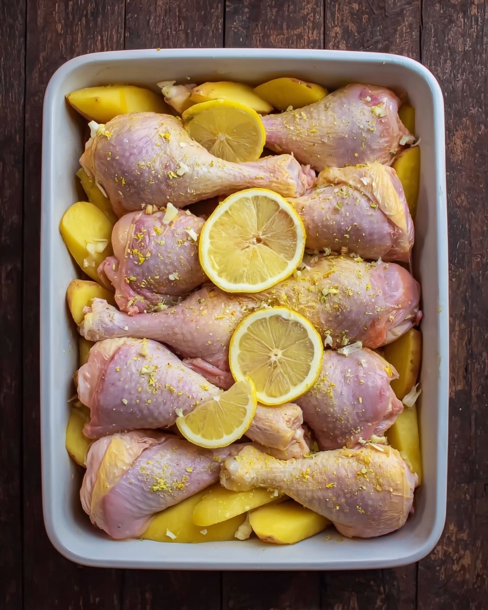 The image shows a white rectangular baking dish filled with raw chicken legs arranged in two rows, five pieces total. Each chicken leg has a light pink skin with a yellowish tint from seasoning, and some small bits of garlic are spread over them. Underneath and around the chicken legs, there are thick wedges of yellow potatoes, creating a base layer. Each chicken leg is topped with a thin, round slice of lemon, bright yellow with a translucent texture. The baking dish sits on a dark wooden surface that is not part of the final scene, which should be changed to a white marbled texture. photo taken with an iphone --ar 4:5 --v 7