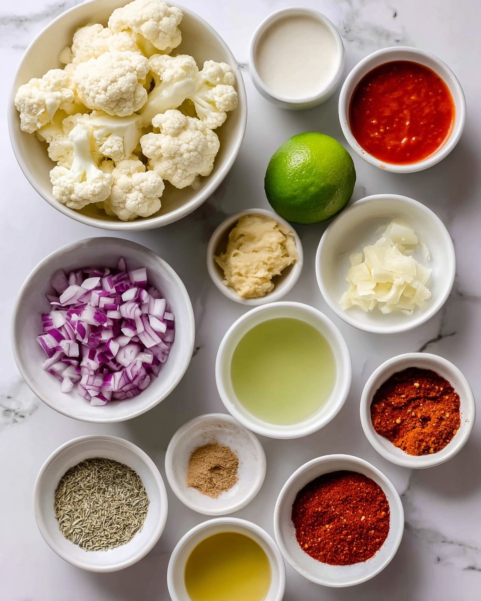 The image shows various ingredients in small white bowls arranged on a white marbled surface. There is a bowl filled with cream-colored cauliflower florets in the top left, next to a white bowl of thick white liquid. A white bowl of bright red sauce is placed in the top right. In the middle, there is a whole green lime, a small white bowl with pale yellow ginger paste, and a white bowl of ground brown garam masala. Below, a white bowl contains chopped purple and white red onion, while another white bowl holds a clear greenish oil, and one more white bowl has a light golden liquid labeled agave. At the bottom left, a small white bowl holds finely chopped garlic, next to another white bowl filled with salt and pepper mix. On the lower right, three white bowls hold a reddish-brown spice mix with garam masala, red pepper, turmeric, paprika, and cumin powders. The bowls are spaced evenly, and the overall setup is neat and colorful. photo taken with an iphone --ar 4:5 --v 7