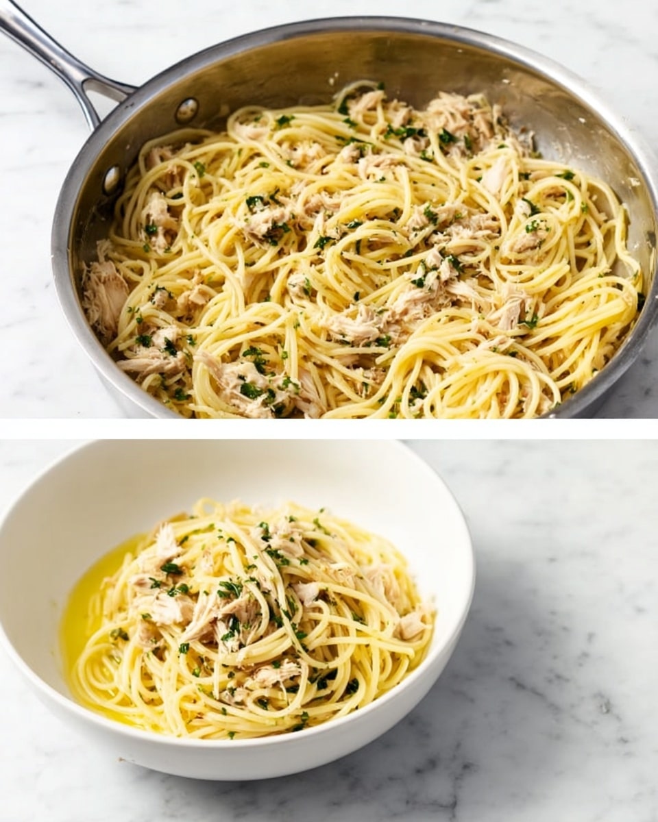 The left side shows a shiny silver metal pan filled with spaghetti mixed with small pieces of light beige shredded chicken and chopped green herbs. The spaghetti is pale yellow and looks smooth and soft. The pan is placed on a white marbled surface. On the right side, there is a white bowl holding a serving of the same spaghetti with shredded chicken and green herbs on top, with a light drizzle of yellow oil or sauce. The bowl is also on the white marbled surface. photo taken with an iphone --ar 4:5 --v 7