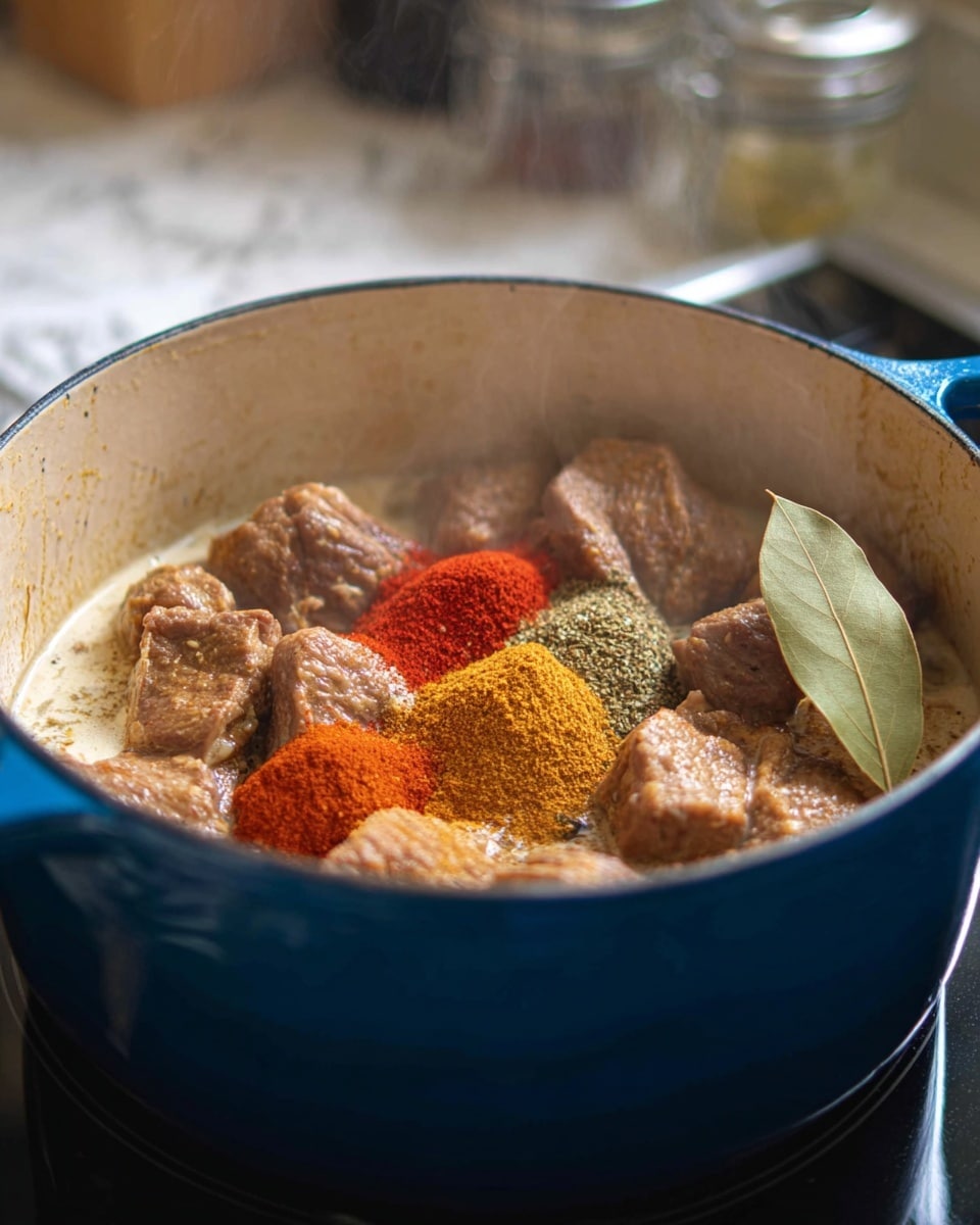 The image shows a blue cooking pot with light cream inside, filled with browned meat chunks. On top of the meat, there are several colorful spice piles including bright red, yellow-orange, and greenish-brown powders, along with a bay leaf resting on the right side of the meat. The pot is on a black stovetop, and the background features a white marbled textured surface with blurred kitchen items in soft focus. The scene looks warm and inviting with steam rising lightly from the pot, showing cooking in progress. photo taken with an iphone --ar 4:5 --v 7