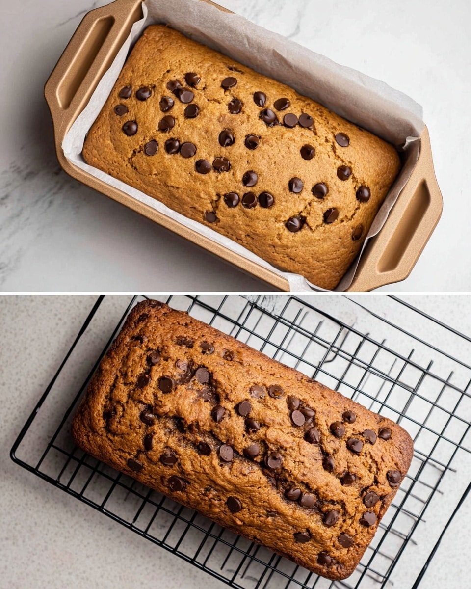 The image shows two rectangular banana breads with chocolate chips. On the left, the raw batter is in a light brown baking pan with white parchment paper, the batter is light brown with many dark chocolate chips scattered on top, smooth but thick, filling the pan fully. On the right, the baked banana bread sits on a black cooling rack, it is golden brown with a cracked top and many dark chocolate chips scattered evenly over the surface. Both have a simple and rustic look with soft textures hinting at moist bread inside. The background is a white marbled texture. Photo taken with an iphone --ar 4:5 --v 7