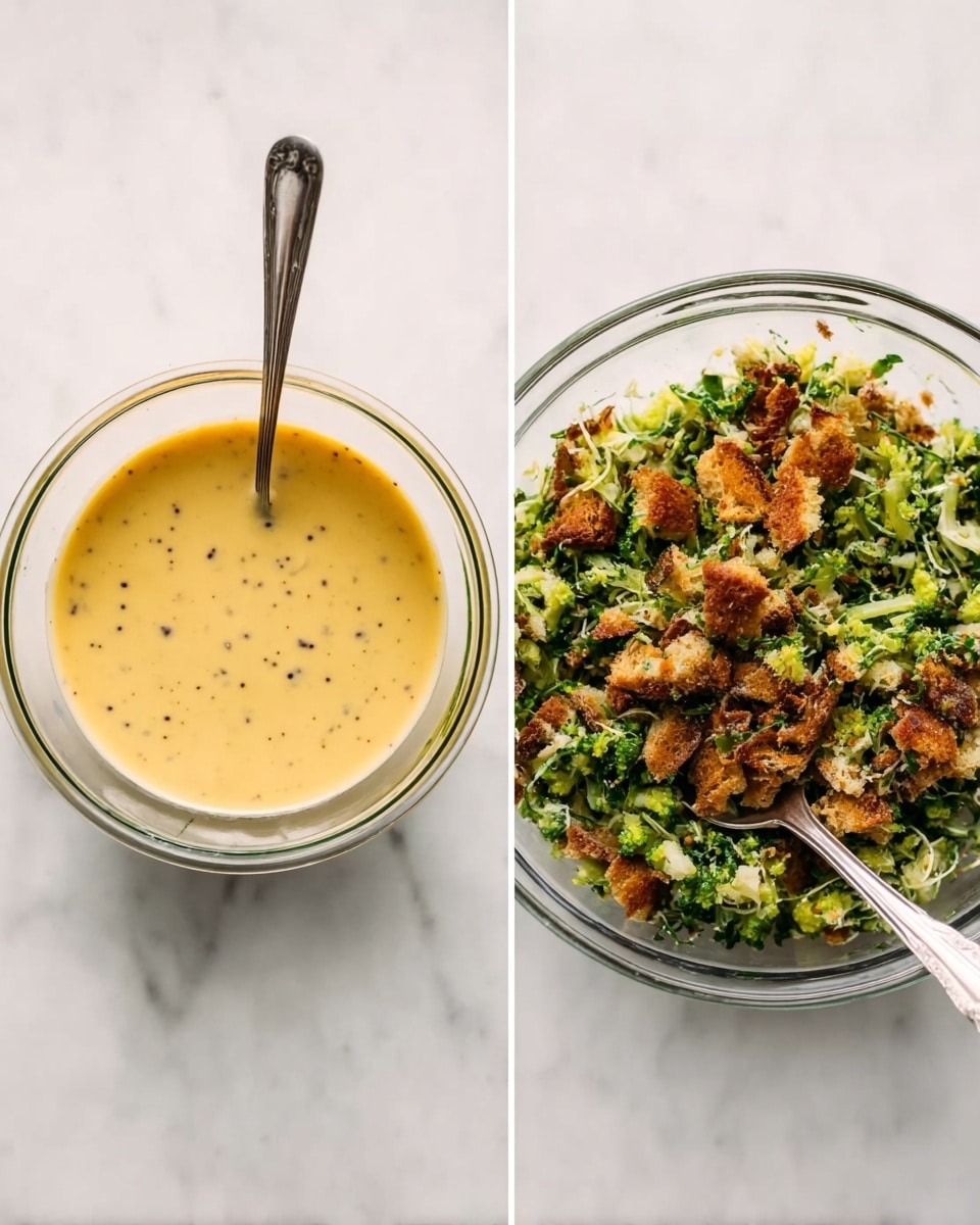 The image shows two clear glass bowls on a white marbled surface. The first bowl contains a smooth, light yellow sauce with small black specks, and a silver spoon resting inside. The second bowl holds a mix of finely chopped green vegetables with pieces of crumbled brown bread on top, and a silver spoon partly buried in the mix. photo taken with an iphone --ar 4:5 --v 7