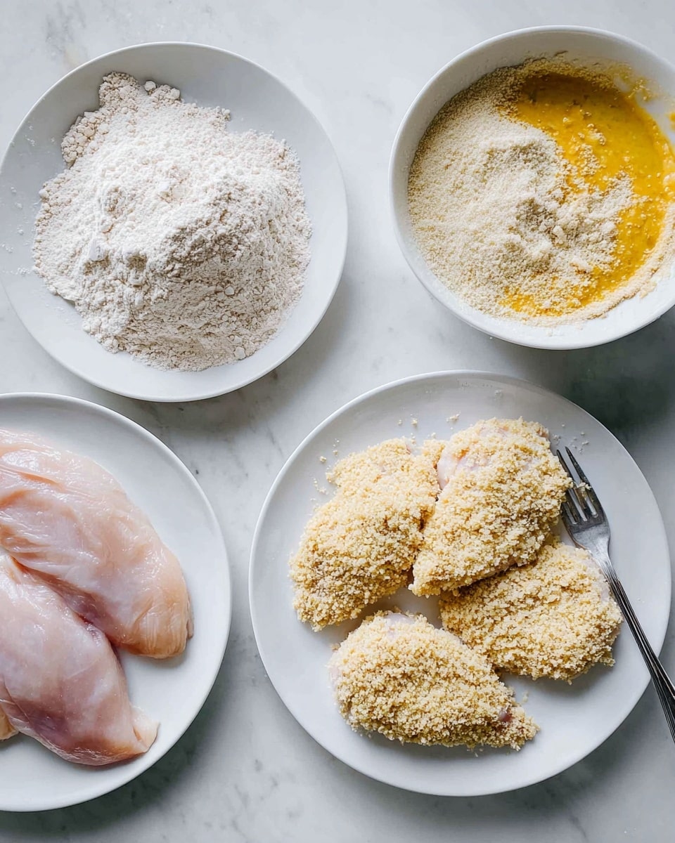 The image shows a white plate and four white bowls arranged on a white marbled surface. On the white plate, there are two pieces of raw chicken coated evenly with light beige breadcrumbs, giving a rough texture. The top left white bowl contains a piece of raw chicken being dipped in white flour, lightly dusted all over. The top right bowl has a piece of raw chicken covered in a yellow, beaten egg mixture sprinkled with some flour. The bottom right bowl holds three pieces of chicken coated thickly with breadcrumbs, along with a silver fork resting on the side. The bottom left part of the image shows a bare piece of raw chicken with a smooth light pink texture on a white plate. Photo taken with an iphone --ar 4:5 --v 7