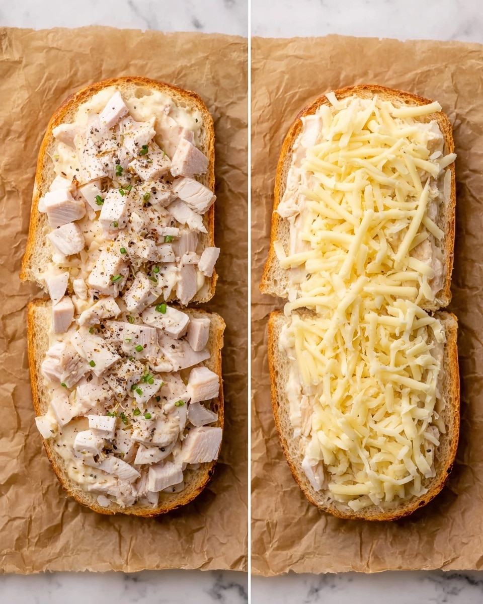 The image shows two open sandwich halves placed side by side on brown parchment paper over a white marbled surface. Each sandwich half has a bottom layer of light brown bread with a slightly crisp texture. On the left side, there is a thick layer of diced white meat scattered evenly on each half, sprinkled with black pepper and small green herb bits. On the right side, the same bread pieces are fully covered with a dense layer of shredded pale yellow cheese, creating a fluffy and soft textured top layer. The overall presentation is clean and simple, showing the progression of sandwich assembly from meat topping to cheese topping photo taken with an iphone --ar 4:5 --v 7