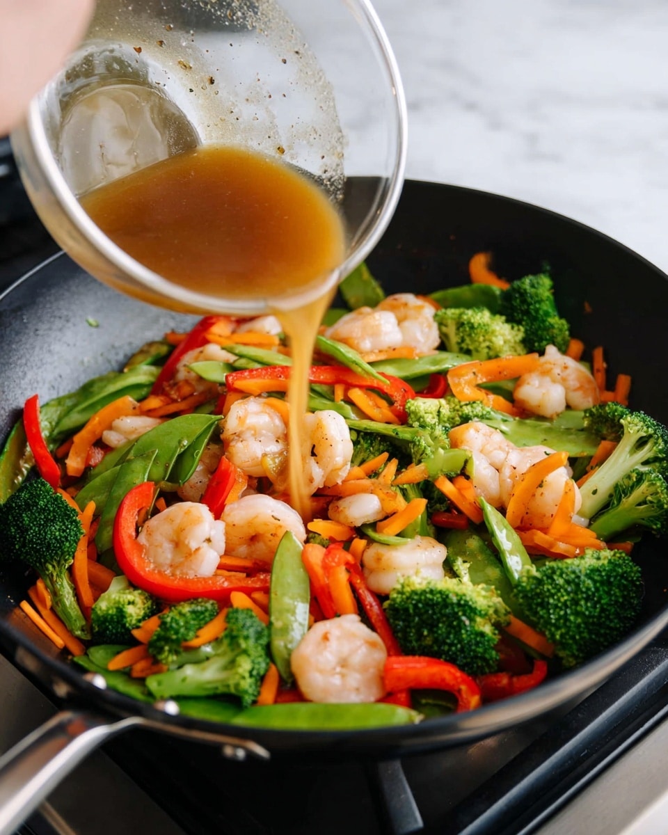 A close-up view of a black pan on a stove with bright vegetable and shrimp stir-fry inside. The dish has at least four layers: the base layer is green broccoli florets and snap peas, the second layer has orange and red bell pepper strips, the third layer has white and pink shrimp scattered evenly, and the final layer shows a light brown sauce being poured from a clear glass bowl held by a woman's hand. The background features a white marbled surface. photo taken with an iphone --ar 4:5 --v 7