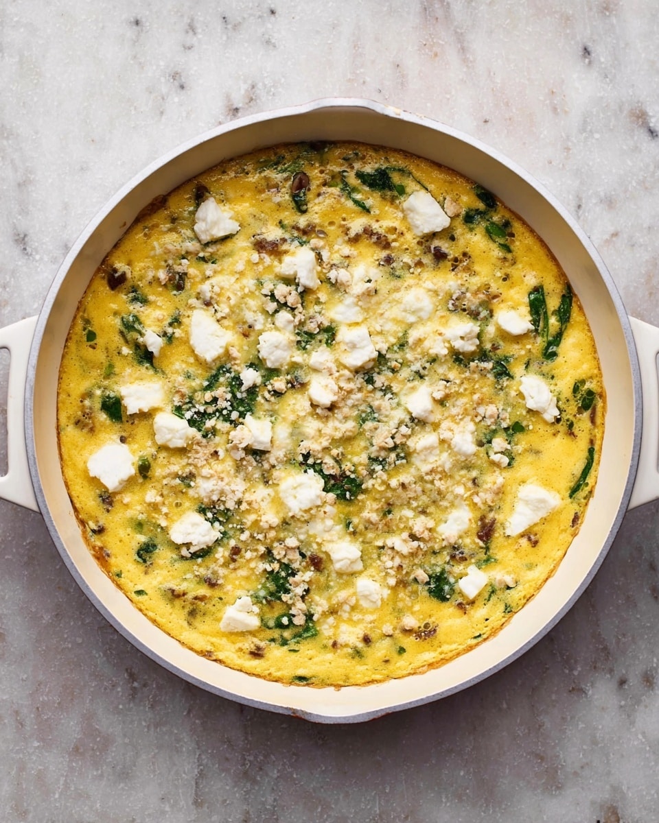 A white cooking pan filled with a yellow egg mixture mixed with green leaves and small brown pieces, spread evenly. On top, there are scattered, soft white cheese pieces and light beige crumbs. The pan rests on a white marbled surface that highlights the dish's colors. The egg layer looks smooth and partially set, with the cheese adding texture and contrast across the top. photo taken with an iphone --ar 4:5 --v 7