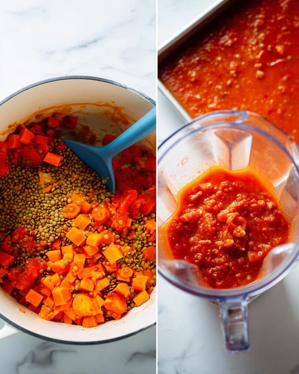 The image shows two side-by-side scenes: on the left, a white pot filled with a rich orange and red vegetable mix, including visible chunks of carrots and tomatoes, covered partially with green lentils in the center, with a pale blue spatula resting inside; a wooden spoon is stirring the mixture. On the right, there is a clear blender jar containing some of the same orange and red vegetable mixture with bits of carrot and tomato inside, sitting on a white marbled surface. Photo taken with an iphone --ar 4:5 --v 7