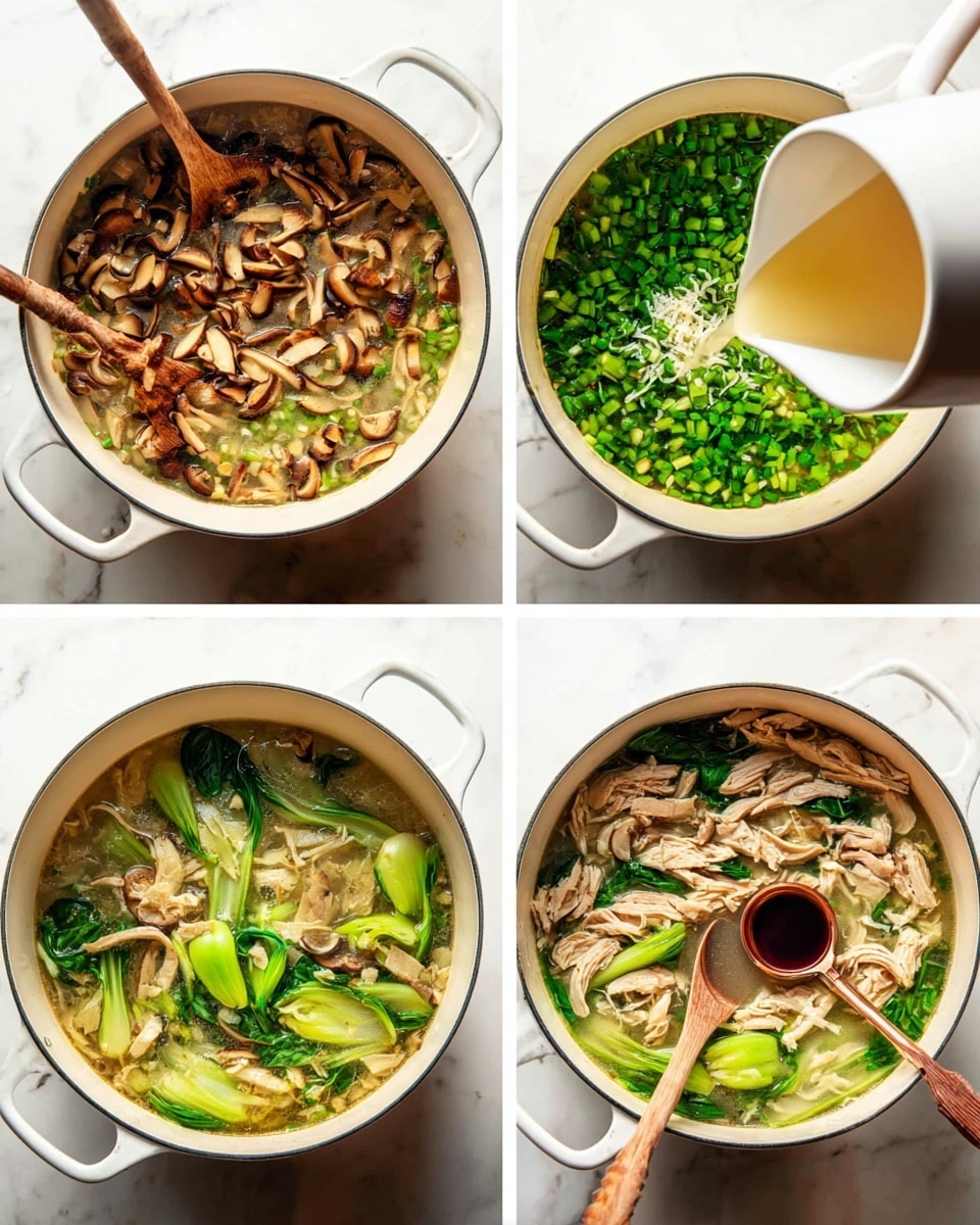 The image shows a white pot on a white marbled surface at different cooking stages. In the first stage, thin brown mushroom slices with green diced vegetables cook over a base of lighter ingredients inside the pot, with a wooden spoon stirring. Next, shredded light brown chicken pieces and bright green chopped vegetables fill the pot as clear broth is poured over them from a white pitcher. In the third stage, the pot holds a mix of green bok choy, mushroom slices, and chicken, with a copper-colored spoon adding a dark liquid. The final stage shows the soup mixed with the same green vegetables, brown mushrooms, shredded chicken, and clear broth, creating a warm, hearty look. photo taken with an iphone --ar 4:5 --v 7