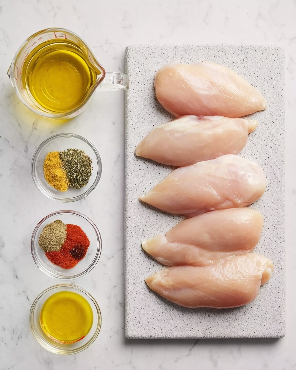 The image shows four raw chicken fillets placed in a vertical line on a light grey cutting board with a slightly rough texture, all against a white marbled surface background. To the left of the cutting board, there is a glass measuring cup filled with golden yellow olive oil at the top, and below it, five small clear glass bowls arranged in two columns. The bowls contain various spices and liquids: bright red chili powder, dried green herbs, yellow garlic powder, black pepper, and light yellow lemon juice. The overall scene is clean, with a focus on the raw ingredients in neat containers and the pinkish smooth chicken fillets. Photo taken with an iphone --ar 4:5 --v 7