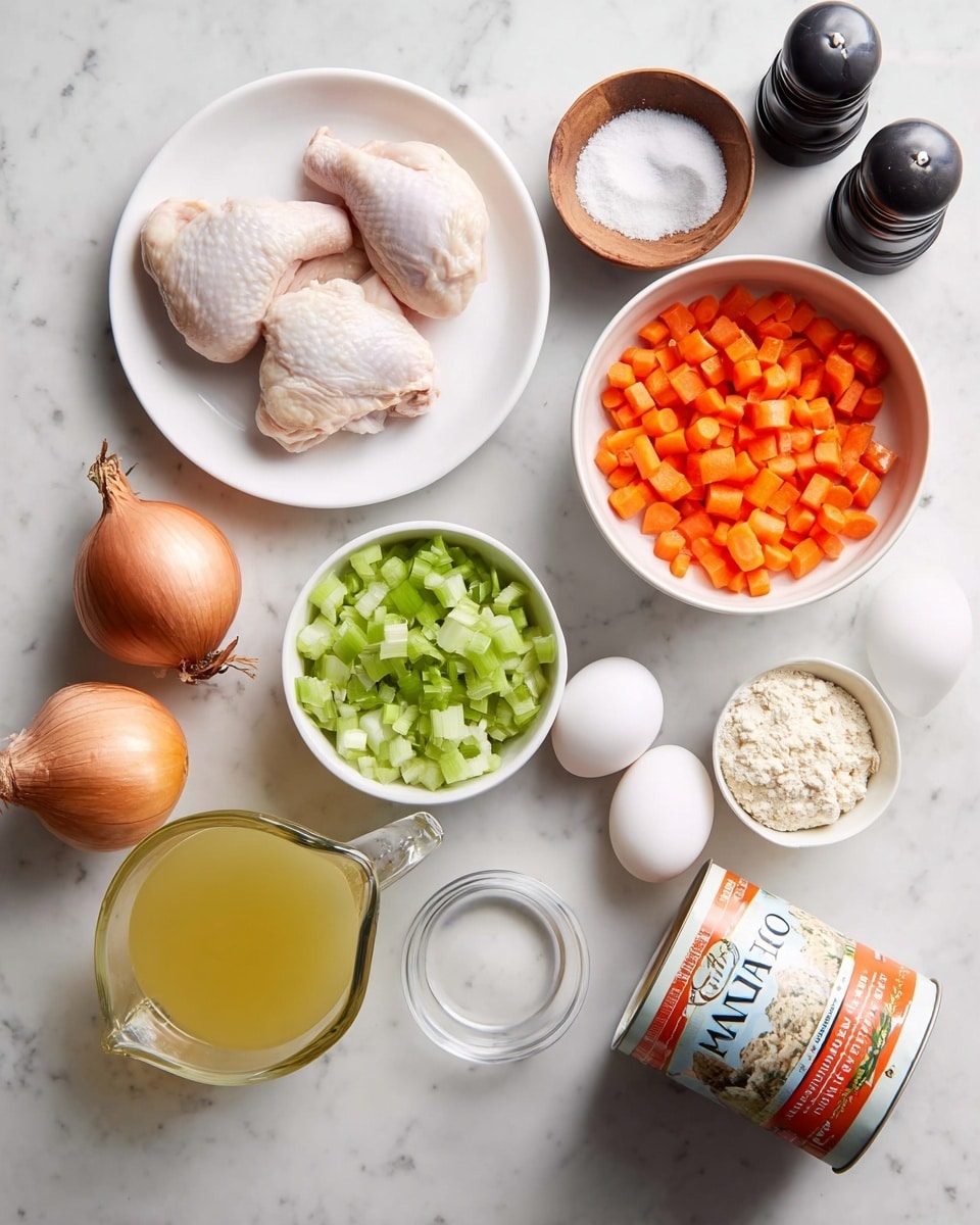 The image shows a white plate with two pieces of raw chicken, placed near a small wooden bowl filled with salt and a white bowl with chopped celery. Next to them are a brown onion, a head of garlic, and a black pepper grinder. On the right side, there is a white bowl filled with chopped carrots, three whole white eggs, a small clear bowl with a white powder, and a tilted orange and white container of matzo meal. At the bottom center, there is a small glass pitcher filled with clear yellow liquid. All items are arranged on a white marbled surface. Photo taken with an iphone --ar 4:5 --v 7