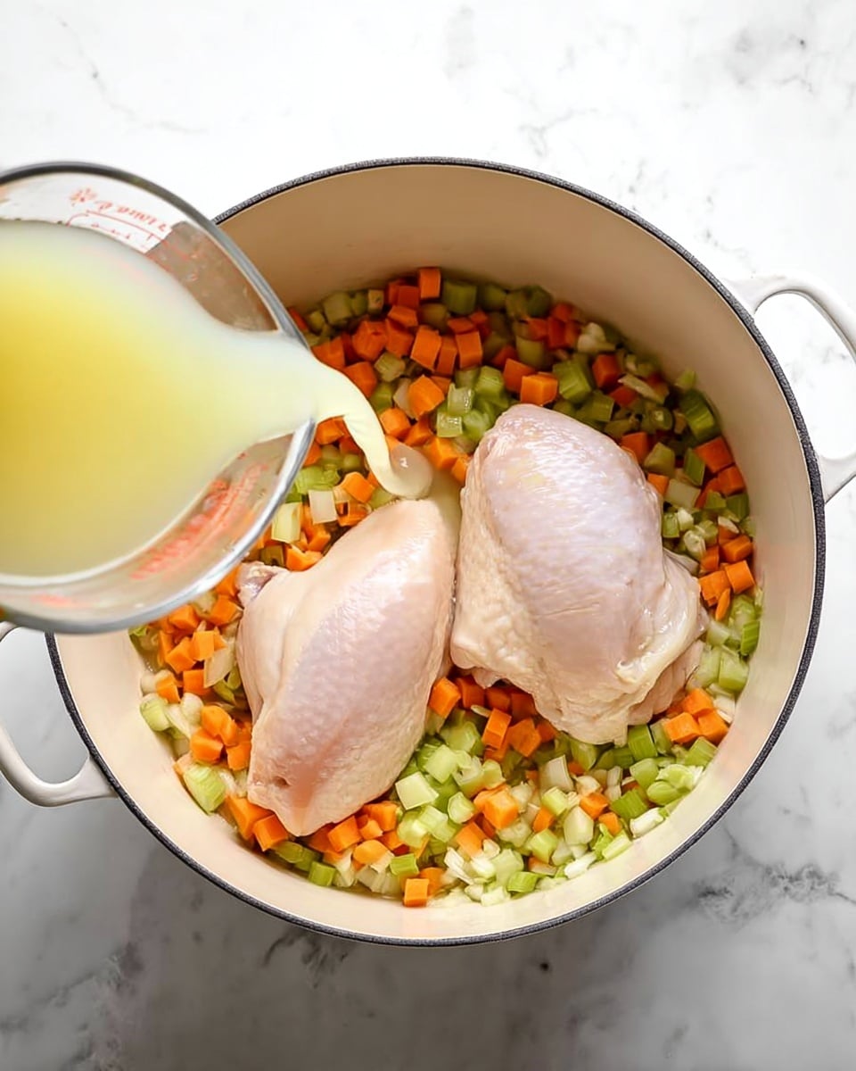 A white pot sits on a white marbled surface, filled with a layer of chopped orange carrots, green celery pieces, and small white onion bits. On top of this vegetable mix, two raw pale pink chicken pieces rest side by side in the middle of the pot. From the left side of the image, pale yellow broth is being poured into the pot from a clear glass measuring cup. The overall scene is bright with natural light, showing fresh ingredients being prepared. photo taken with an iphone --ar 4:5 --v 7