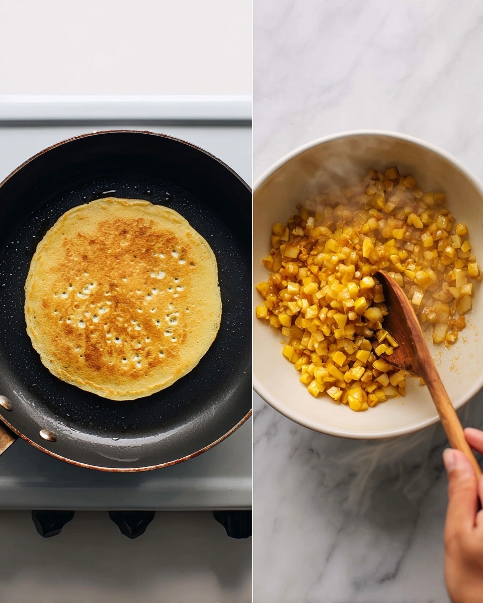 The image shows two side-by-side views of cooking steps. On the left side, a light golden pancake with a few small holes is cooking on a black pan, with the pancake centered and the pan on a white stovetop. On the right side, a white bowl filled with small yellow-brown diced pieces is being stirred by a wooden spatula held by a woman's hand, the bowl sitting on a white marbled surface. Steam rises softly from the bowl, showing the food is warm. photo taken with an iphone --ar 4:5 --v 7
