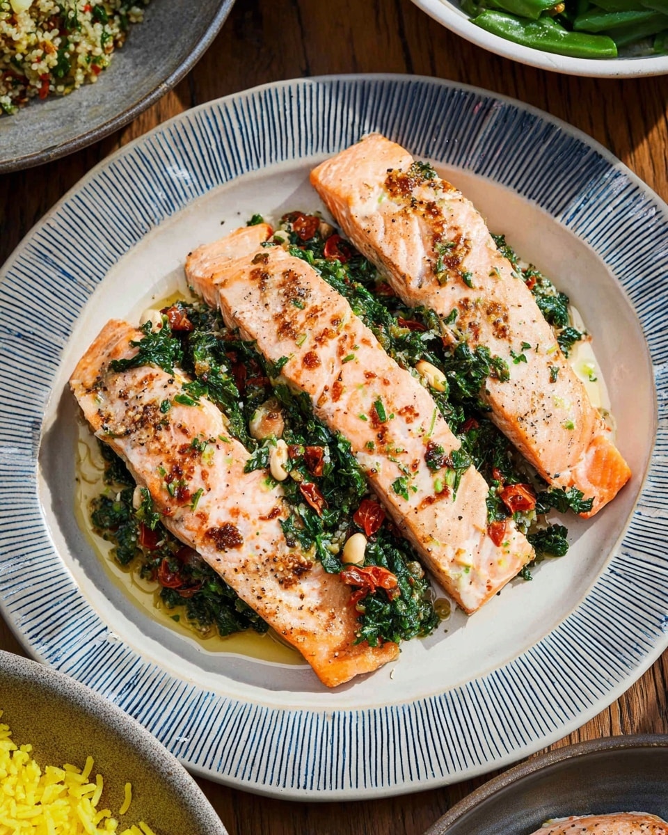 The dish shows three salmon fillets on a white plate with a blue striped rim, each fillet split open in the middle and filled with a mix of cooked green leafy vegetables and small red and beige pieces, likely tomatoes and nuts or grains. The salmon is light pink with a slightly cooked texture and small brown seasoning flakes on top. The plate is placed on a brown wooden table, with parts of other dishes, including a white bowl with green vegetables, visible at the top right and a gray bowl with yellow rice at the bottom left. The photo taken with an iphone --ar 4:5 --v 7