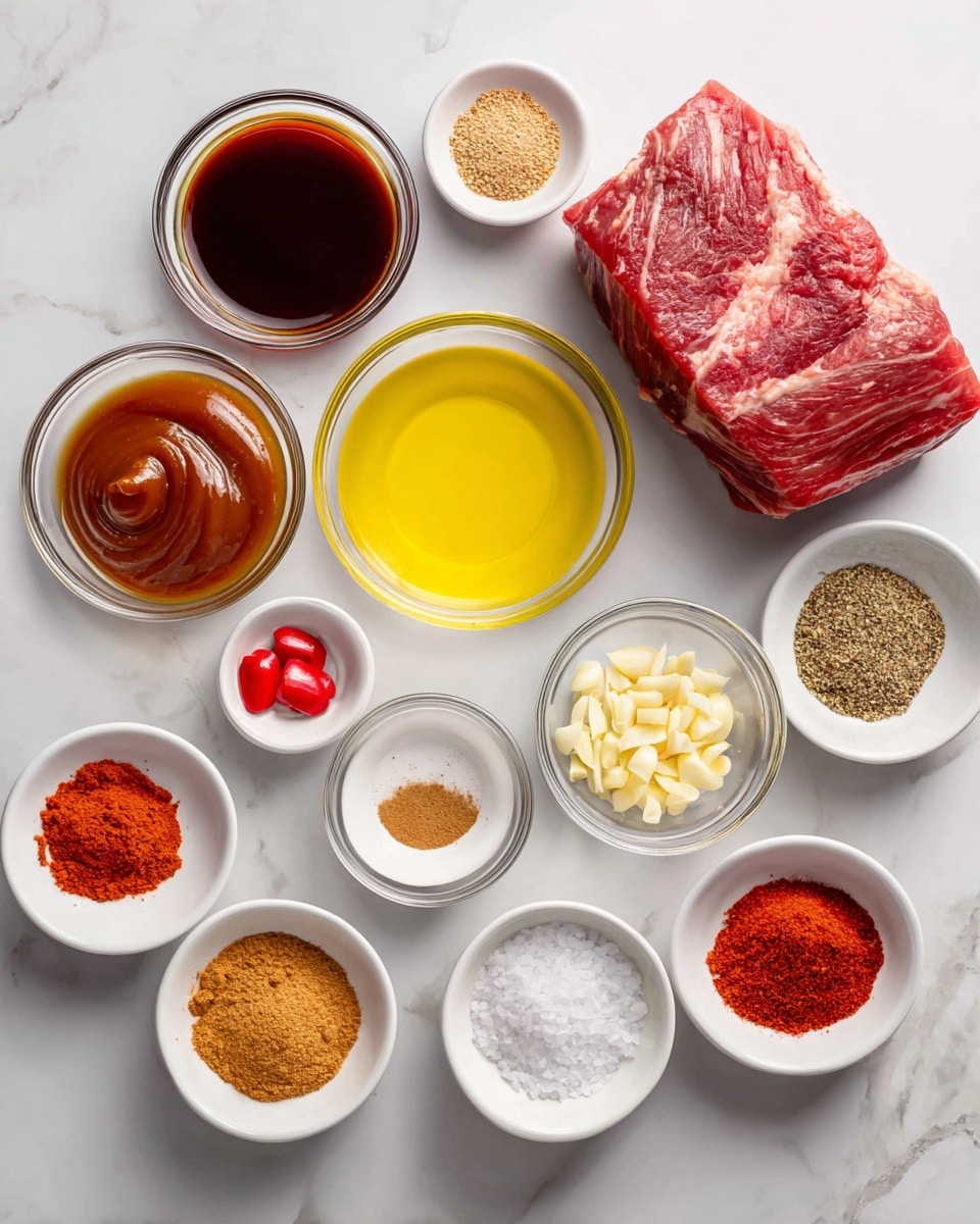 The image shows a white marbled surface with various small clear bowls arranged in a circle around a thick piece of raw beef brisket placed on the upper right. Each bowl contains different ingredients: bright yellow oil in the center, dark red barbecue sauce to the left, light brown brown sugar below that, light brown to beige Worcestershire sauce beside the sugar, finely chopped light beige garlic above the sugar, various powders in white bowls including orange paprika, light reddish-brown chili powder, pale white garlic powder, light yellow onion powder, deep red cayenne pepper, light brown cumin, cracked black pepper, and large white salt crystals. The ingredients are all neatly placed and labeled with red tags, and the whole setup is clean and organized photo taken with an iphone --ar 4:5 --v 7