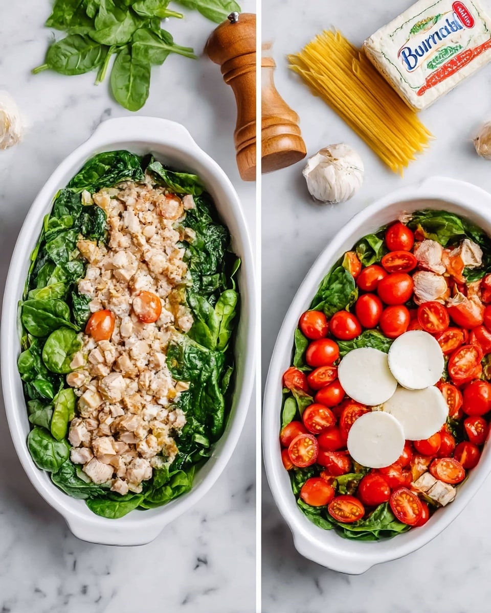 The image shows two white oval bowls on a white marbled surface. The bowl on the left has three layers visible: at the bottom, a bed of dark green spinach leaves; in the middle, diced light tan chicken pieces spread evenly; on top, bright red cherry tomatoes, some whole and some sliced. The bowl on the right also has three layers: the bottom is again fresh dark green spinach leaves; scattered among the leaves are light tan chicken pieces and some halved red cherry tomatoes; on top, there are two round white cheese slices placed near the center. Nearby on the white marbled surface are a wooden pepper grinder, a bundle of uncooked yellow pasta, some garlic cloves, and a box labeled