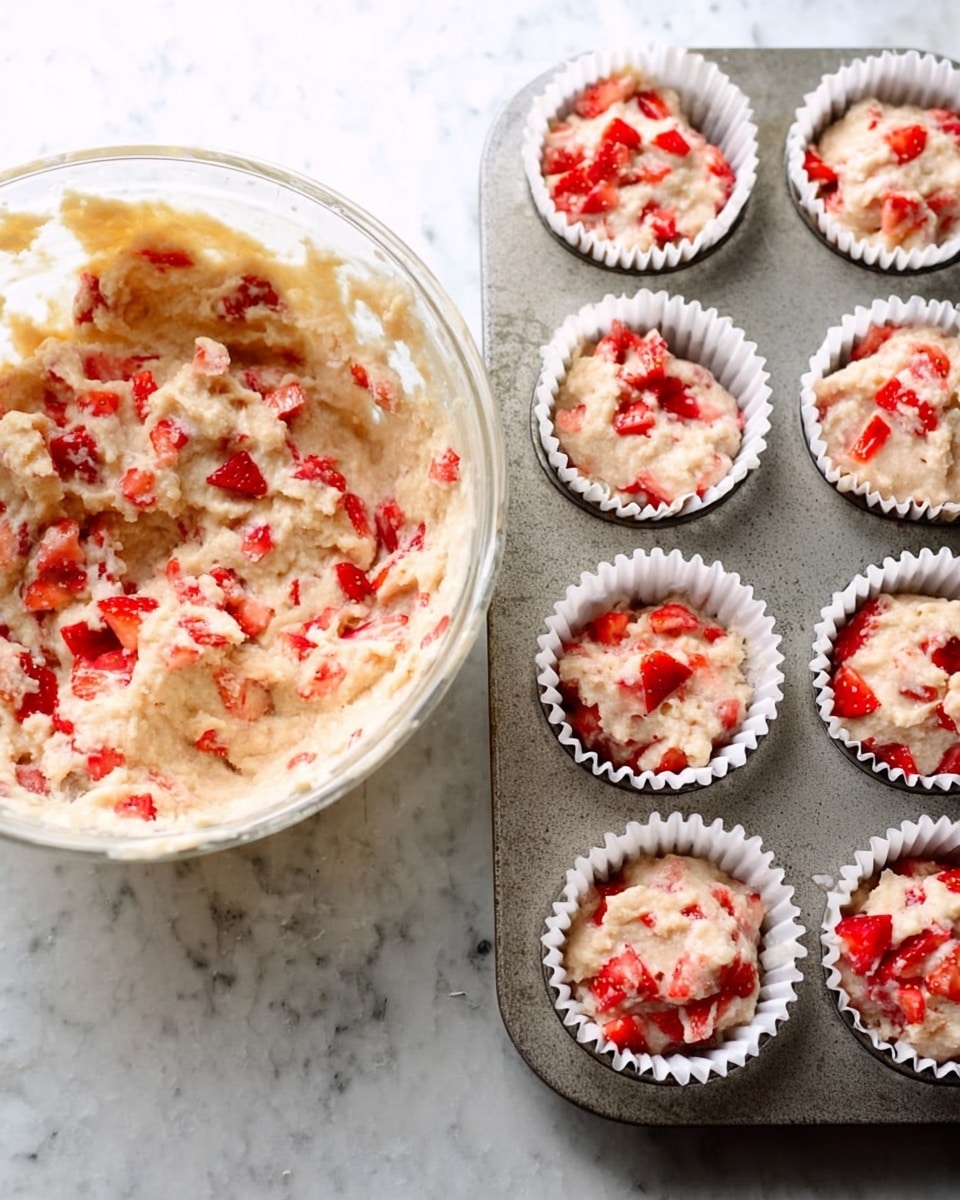 The image shows a thick batter mixed with bright red pieces of strawberries in a clear bowl, the batter color is light beige with red fruit bits scattered throughout. Next to it, there is a metal muffin tray holding eight white paper liners filled with the same strawberry batter, each liner showing a chunky mix of batter and fruit, creating a soft and slightly lumpy texture visible on top. The tray rests on a white marbled surface. The photo taken with an iphone --ar 4:5 --v 7