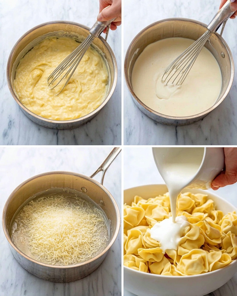 The image shows four close-up steps of cooking a creamy pasta sauce and pouring it over tortellini, all on a white marbled surface. In the first step (top left), a small pot contains a thick, lumpy yellow mixture being whisked. In the second step (top right), the same pot now holds a smooth, light cream-colored liquid being whisked. The third step (bottom left) shows grated pale yellow cheese added to the creamy mixture in the pot being whisked. In the fourth step (bottom right), a woman’s hand is pouring the white creamy sauce from the pot over a bowl of yellow tortellini pasta. The bowl is white, and the tortellini have a soft, folded texture and a pale golden color. photo taken with an iphone --ar 4:5 --v 7