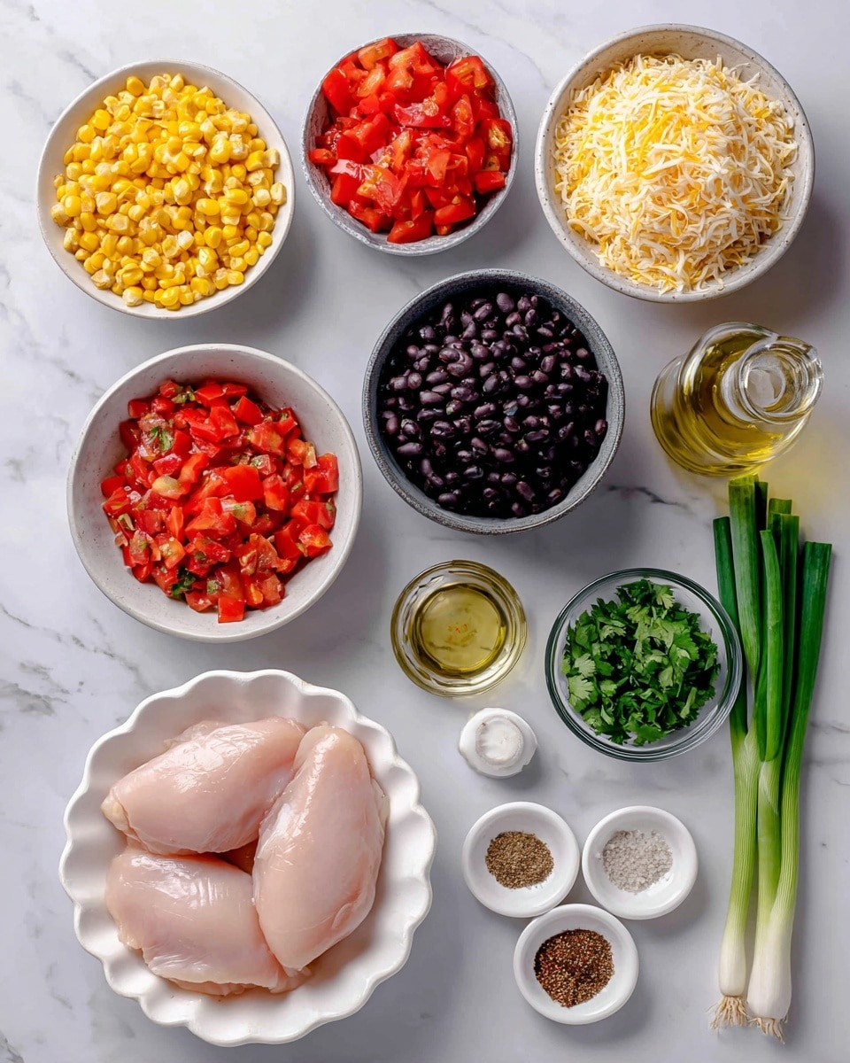 The image shows several white bowls and a small glass bottle arranged neatly on a white marbled surface. At the center bottom, there is a white scalloped bowl holding four raw pale pink chicken breasts. Above it and slightly to the left, a white bowl is filled with bright yellow corn kernels. To the right, a white bowl contains shredded pale yellow and off-white Tex Mex cheese blend. At the middle center, a gray bowl holds dark black beans. To the left of the beans, a white bowl is filled with vibrant red diced tomatoes, while to the right, a small clear glass bowl contains bright red roasted pepper pieces. At the top center, there is a small bowl of chopped bright green cilantro, with two fresh green onions lying beside it. On the lower right side, a small white scalloped dish holds three different brown and beige powdered seasonings, next to a tiny white salt container and a small glass bottle of golden olive oil. Photo taken with an iphone --ar 4:5 --v 7