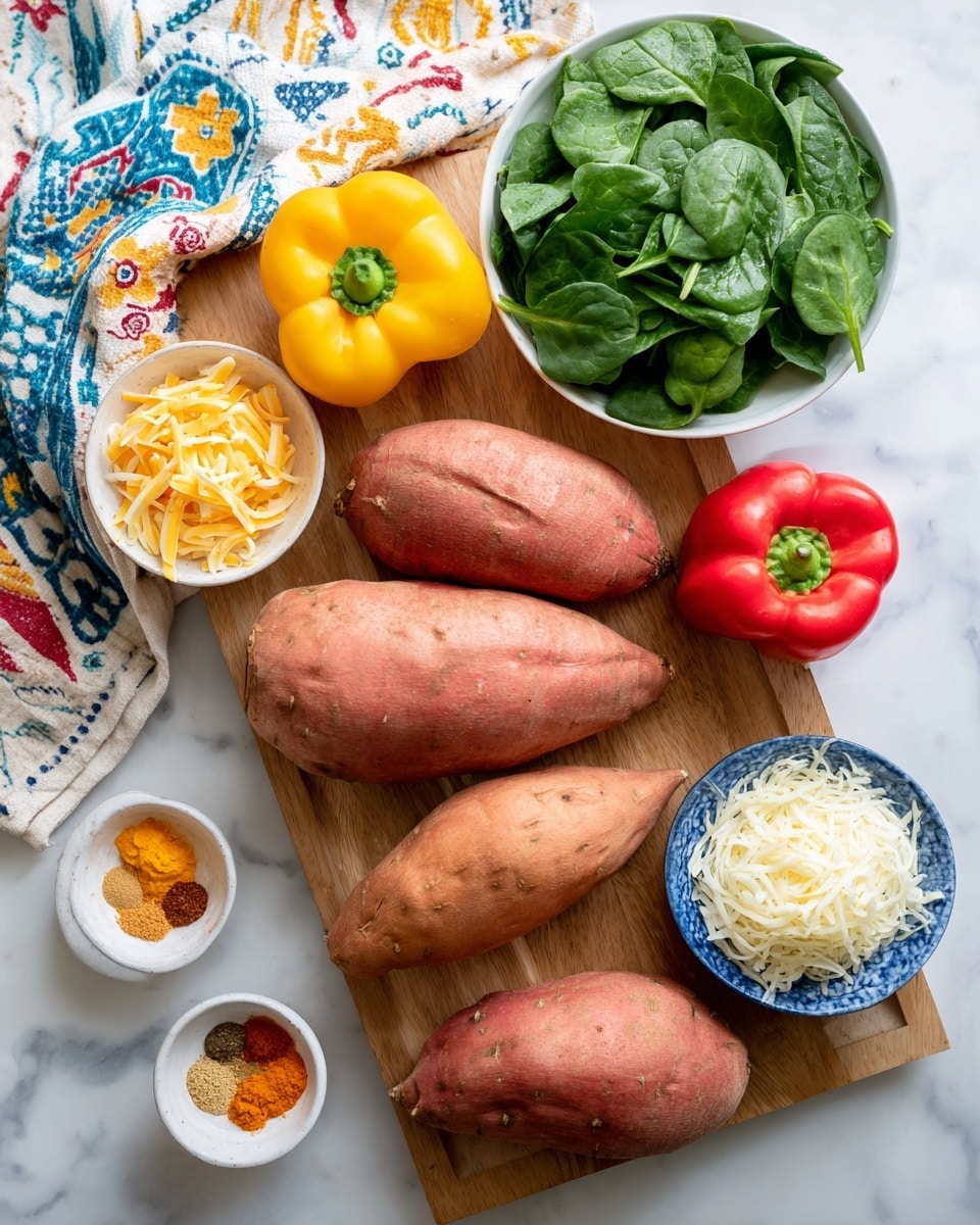 A wooden board sits on a white marbled surface, holding four sweet potatoes with reddish-brown skin in the center. To the top right of the sweet potatoes is a white bowl filled with fresh green spinach leaves. Above the sweet potatoes and near the center of the board sit a whole yellow bell pepper and a whole red bell pepper, both with smooth and shiny skin. On the left side of the board, there are two small bowls: one white bowl with yellow flower petals painted inside filled with four small piles of spices in orange, brown, white, and greenish colors, and above it, a small blue and white bowl filled with light yellow shredded cheese. Below the sweet potatoes, there is a blue bowl filled with more white shredded cheese. A white cloth with blue, yellow, and red patterns is draped partially over the board and surface photo taken with an iphone --ar 4:5 --v 7