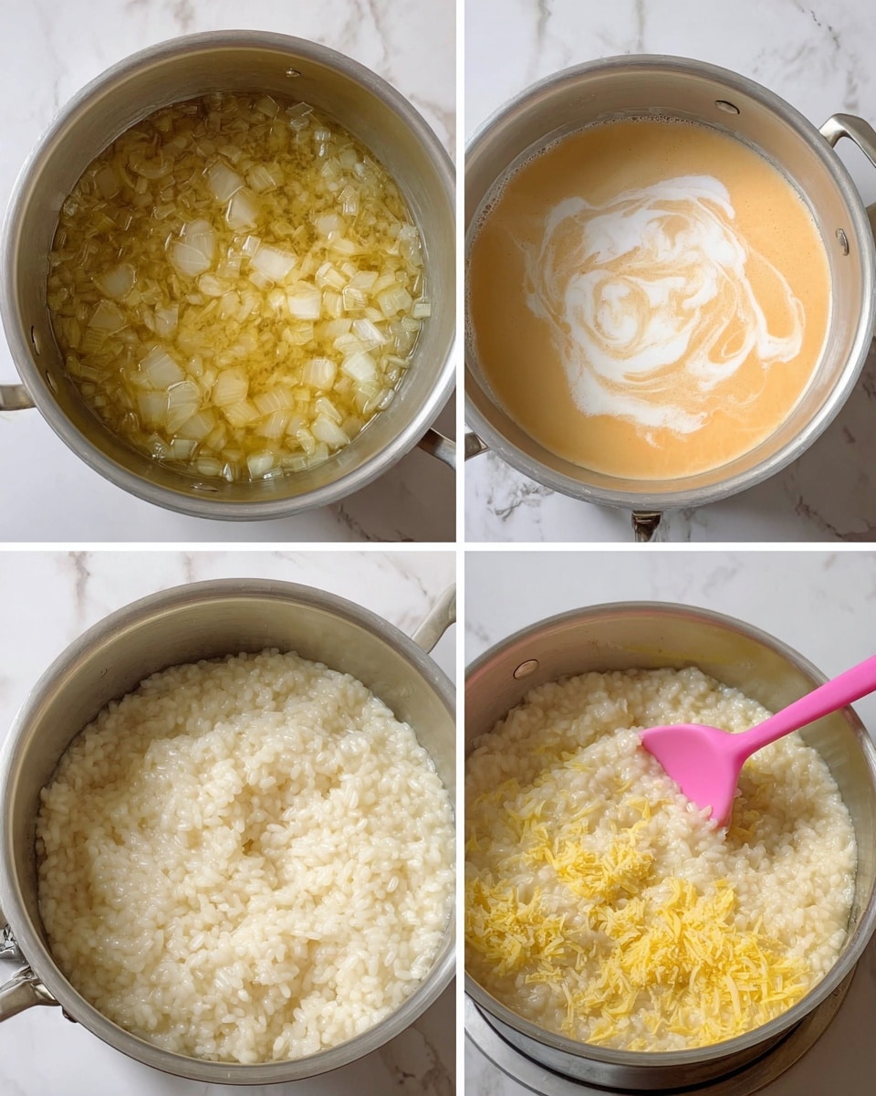 A collage of four images shows the process of making creamy risotto in a silver pot on a white marbled surface. The top-left image shows small, translucent pieces of onion cooking in melted butter at the bottom of the pot, with a light yellow oily texture. The top-right image shows the pot filled with a light orange creamy liquid with white cream swirled on the surface. The bottom-left image shows thick, cooked risotto rice that is creamy and off-white in color, tightly packed in the pot. The bottom-right image reveals the risotto mixed with melted yellow cheese, creating a creamy texture with visible cheese strands, and a pink spoon stirring it, with the pot placed on a white marbled countertop. Photo taken with an iphone --ar 4:5 --v 7