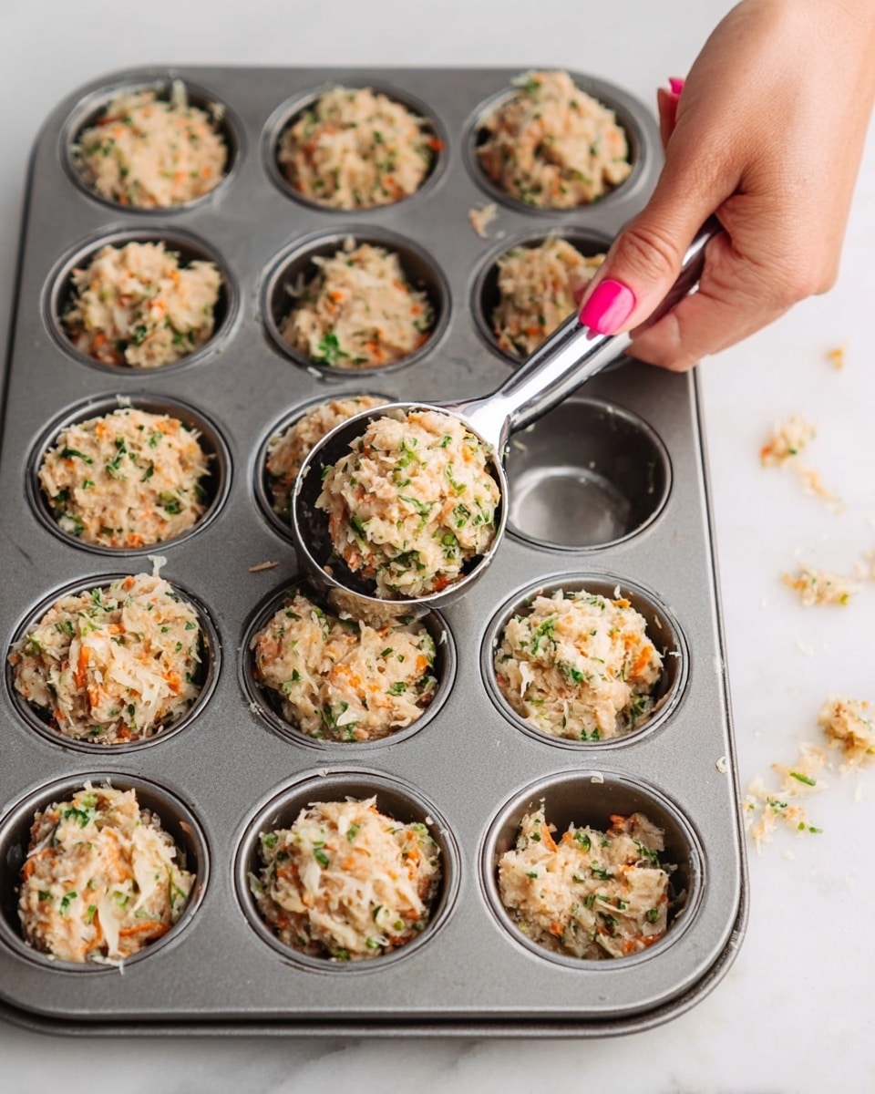 The image shows a metal muffin tray with twelve round cups, each filled with scoops of a chunky mixture containing small bits of green herbs, orange specks, and shredded pale strands, likely cheese or vegetables, giving a textured look. A woman's hand with pink nail polish holds a metal ice cream scoop filled with the mixture, placing it into one of the cups. The tray sits on a white marbled surface, with extra bits of the mixture visible around some cups. The overall scene looks clean and bright with natural light. photo taken with an iphone --ar 4:5 --v 7