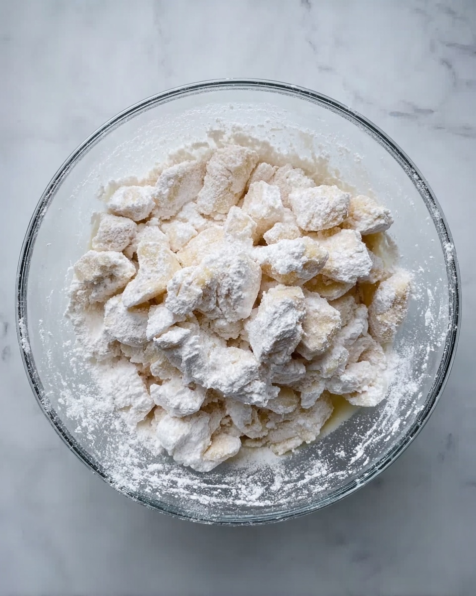 A clear glass bowl sits on a white marbled surface, filled with small pieces of pale yellow food that are thickly covered with white powder. The pieces are uneven in shape and size, and the powder gives a soft, dusty texture over the food. The bowl is round and the powder spreads lightly along the inner sides. Photo taken with an iphone --ar 4:5 --v 7