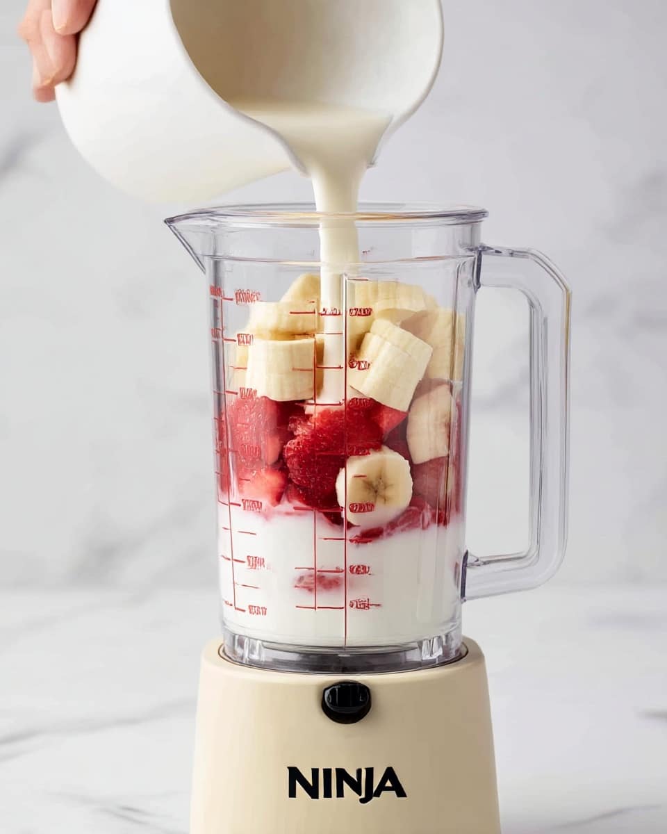 A clear blender cup sits on a white base labeled