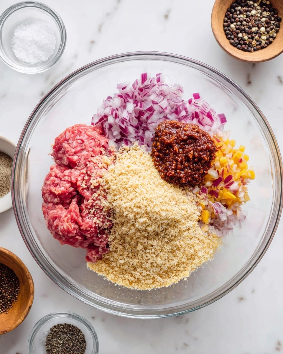 A clear glass bowl sits on a white marbled surface, holding five distinct layers of ingredients spread out but not mixed. The bottom left portion contains raw ground meat in a deep pinkish-red color with a slightly coarse texture. To the right of the meat, there are finely chopped purple-red onions mixed with small bits of yellow chopped vegetable, creating a colorful contrast. On top of the meat, towards the upper center, there is a thick dollop of dark reddish-brown paste with a smooth yet slightly chunky texture. Covering the lower center of the meat is a large pile of light tan breadcrumbs with a crumbly texture. Surrounding the bowl, on the white marbled surface, are small bowls containing coarse salt, black and white sesame seeds, and a wooden bowl filled with mixed peppercorns, adding context to the ingredients. Photo taken with an iphone --ar 4:5 --v 7