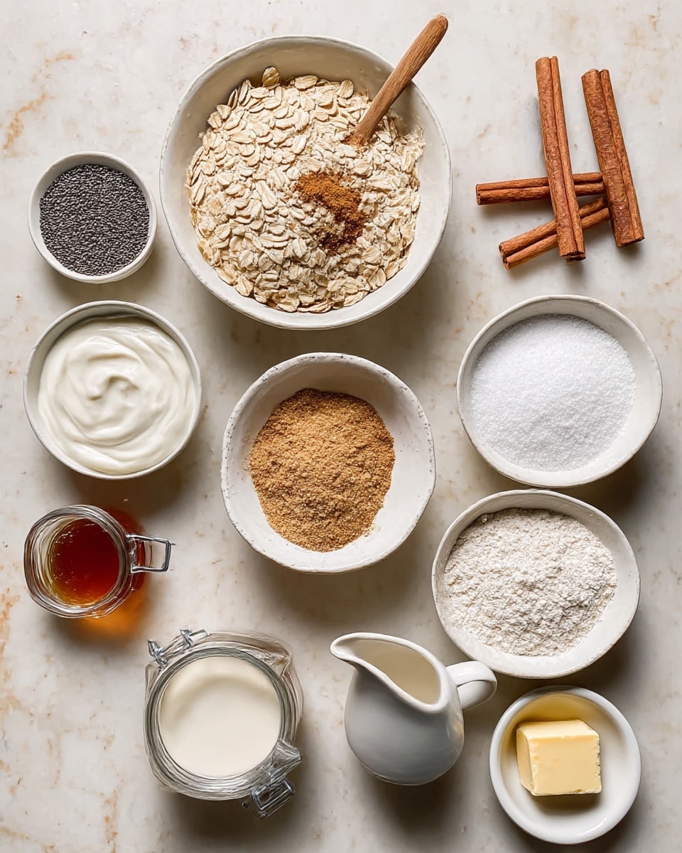 Top view of various baking ingredients arranged on a white marbled surface: in the middle is a white bowl filled with light beige rolled oats; above it is a white bowl with brown cinnamon powder and a wooden spoon inside; three whole cinnamon sticks are placed to the right; to the far right is a white bowl containing white granulated sugar; below the sugar bowl is another white bowl filled with white powdered sugar; near the bottom left is a white bowl holding white thick cream or yogurt; next to it, a small white bowl contains light brown sugar; to its right, a small white pitcher has light cream-colored liquid; further left, a square glass jar with a metal clasp contains dark amber syrup; a small white bowl holds a small piece of pale yellow butter; above it on the top left is a small bowl with dark chia seeds. Photo taken with an iphone --ar 4:5 --v 7