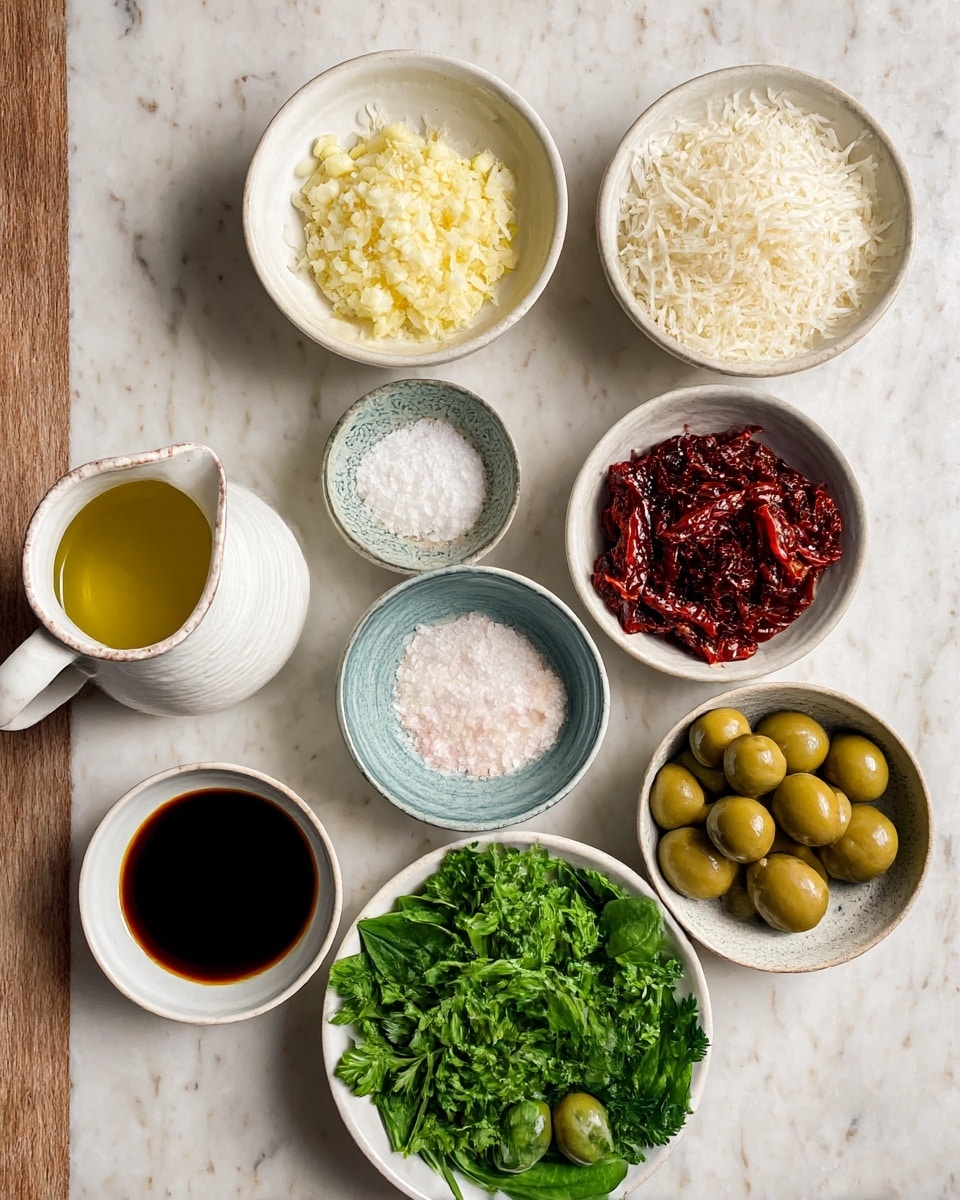 The image shows several small white bowls arranged in a circle on a white marbled surface, each filled with different ingredients. Starting from the top and moving clockwise, the first bowl contains pale yellow minced garlic with a soft texture, followed by a bowl filled to the top with grated white cheese that looks soft and fine. Next is a bowl with chunky, dark red sun-dried tomatoes. Below that is a small bowl filled with coarse white salt. Toward the bottom center, there is a bowl with finely chopped pale pink shallots. To the left is a white ceramic pitcher filled with golden olive oil. Above it is a small bowl with dark balsamic vinegar. Moving up, another bowl holds several green whole olives with a shiny surface. In the center, a small white plate holds layered fresh green basil and parsley leaves with a bright, crisp look. The setting is neat and organized, showing fresh and raw ingredients ready for use. photo taken with an iphone --ar 4:5 --v 7