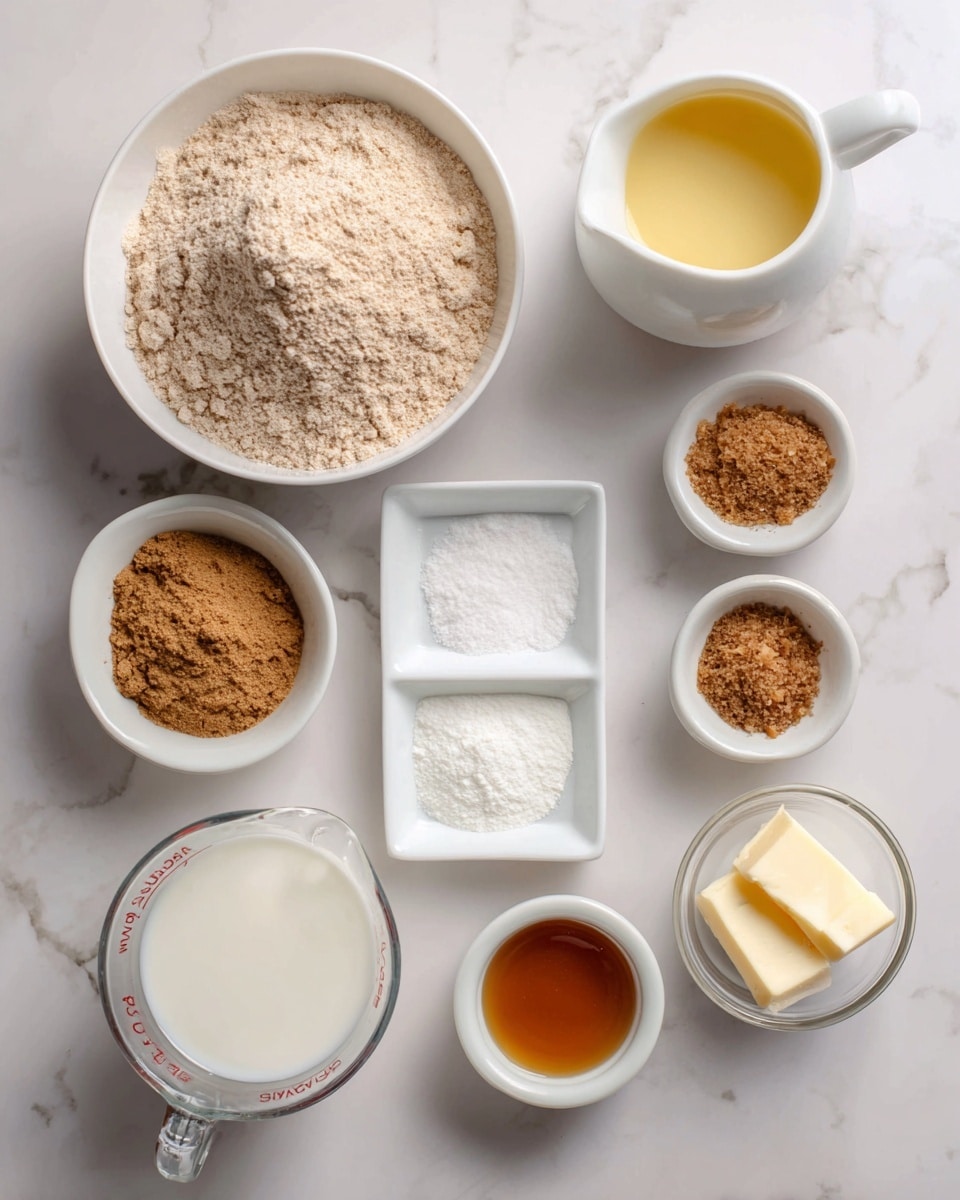 The image shows various baking ingredients arranged on a white marbled surface. There is a white bowl filled with whole wheat flour, showing a light brown textured heap. Nearby, a small white divided dish holds three powders in separate sections: cinnamon powder with a brown color, white baking soda, and white baking powder. A small white bowl contains coarse brown jaggery, and another small white rectangular bowl holds creamy white yogurt. A white pitcher has golden melted butter, and a clear glass measuring cup is filled with white buttermilk. Lastly, a small white bowl holds light brown vanilla extract. Each item is clearly separated and labeled for easy identification, photo taken with an iphone --ar 4:5 --v 7