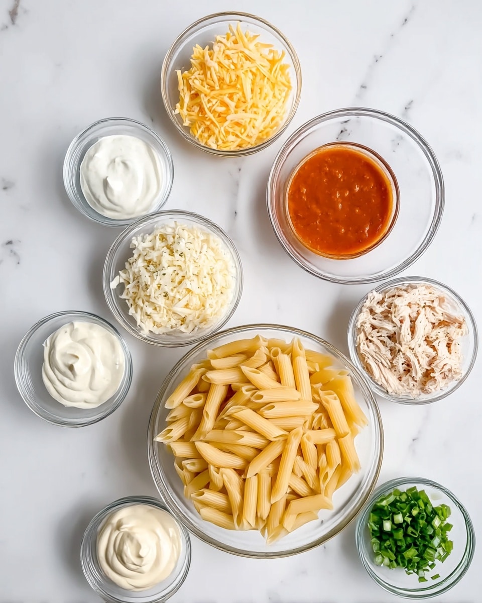 The image shows nine clear glass bowls arranged on a white marbled surface. The largest bowl at the bottom center contains cooked penne pasta, pale yellow in color. To its right, a slightly smaller bowl holds shredded light beige chicken. Above this, a small bowl contains a red-orange thick sauce. Immediately above the pasta bowl are three medium bowls arranged horizontally: the left one contains shredded yellow cheese, the middle one shredded white cheese, and the right one a creamy white dressing sprinkled with herbs. Above these, two small bowls sit near the top edge: the left contains sour cream with a smooth white texture, and the right has small green chopped pieces, likely green onions. The far left medium bowl contains thick white mayonnaise. The whole scene is well lit with natural light, showing textures clearly. Photo taken with an iphone --ar 4:5 --v 7