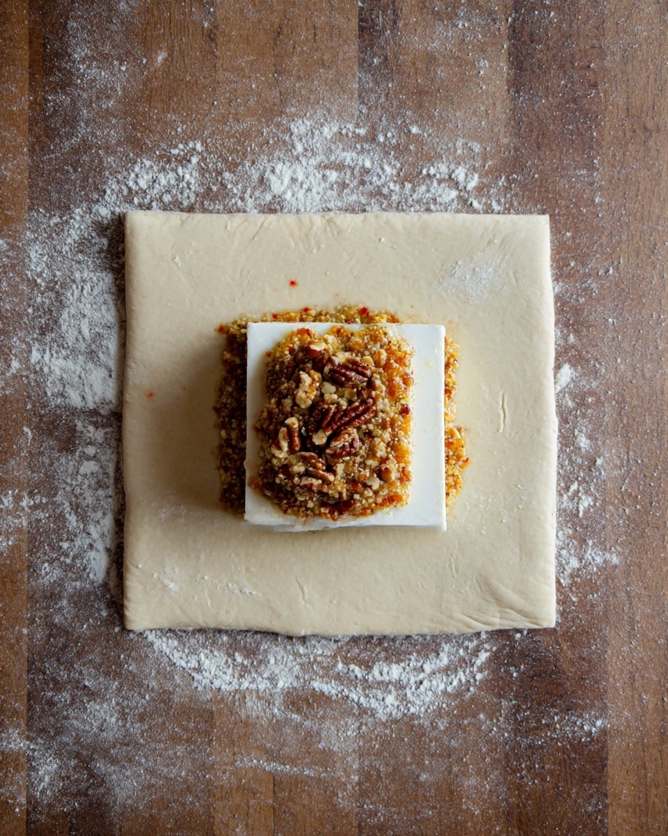 A square piece of light beige dough lies flat on a wooden surface dusted with flour. In the center of the dough, there is a small white square block. On top of the white block, there is a layer of grainy, textured mustard-colored mixture with bits of red and orange, topped with chopped brown nuts scattered unevenly. The whole setup is simple and raw, ready to be wrapped or cooked. photo taken with an iphone --ar 4:5 --v 7
