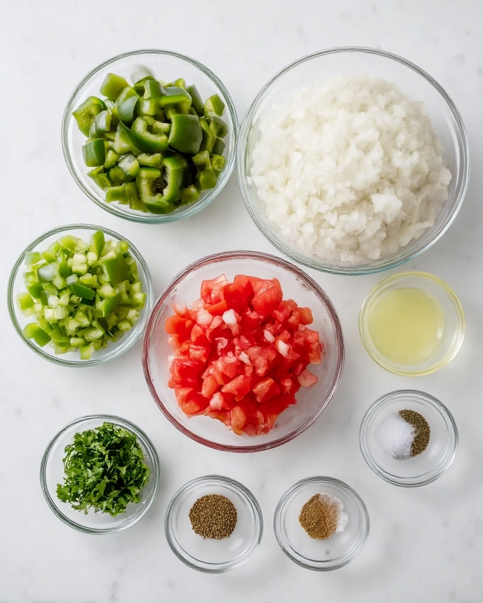 This image shows eight clear glass bowls arranged on a white marbled surface. The largest bowl in the center holds finely chopped white onions with a soft, chunky texture. Below it, a slightly smaller bowl contains bright red diced tomatoes with juicy textures. To the left of the onions, a large bowl is filled with medium-sized pieces of dark green bell peppers, while directly above that, a smaller bowl has finely diced green peppers. Below the tomatoes is a small bowl of chopped fresh green herbs, likely cilantro, with a leafy texture. Above the onions is a very small bowl of a light yellow liquid, possibly lemon juice. To the right of the onions are four tiny bowls containing brown powdered spice, black pepper, coarse salt, and another chunkier green spice. All bowls are clear glass on the white marbled surface. photo taken with an iphone --ar 4:5 --v 7