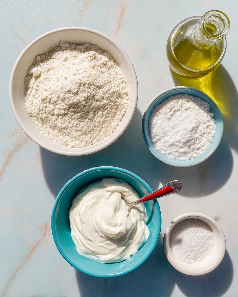 The image shows five bowls and a glass bottle arranged on a white marbled surface. The largest bowl is white and filled with a light beige powdery flour. Next to it, there is a turquoise bowl filled with thick white yogurt, with a silver spoon that has a red handle resting inside. Above the turquoise bowl, there is a small white bowl that holds fine white salt, and next to the salt is another small white bowl filled with baking powder, which is also white and powdery. To the top right, there is a clear glass bottle filled with greenish-yellow olive oil. The arrangement is neat and the light casts soft shadows around the items. Photo taken with an iphone --ar 4:5 --v 7