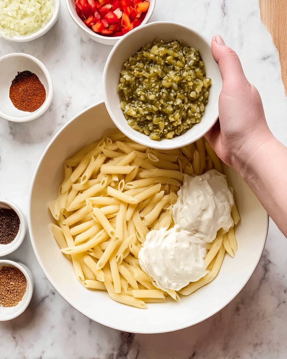 In a large white bowl, there is one layer of pale yellow cooked pasta sticks spread evenly at the bottom. On top of the pasta, there are two dollops of thick white creamy sauce placed on the right side. Above the bowl, a woman's hand holds a small white bowl filled with a chunky green relish or sauce, positioned over the pasta. Around the main bowl, small white bowls containing different spices and chopped red and green vegetables are partially visible, all set on a white marbled surface. photo taken with an iphone --ar 4:5 --v 7