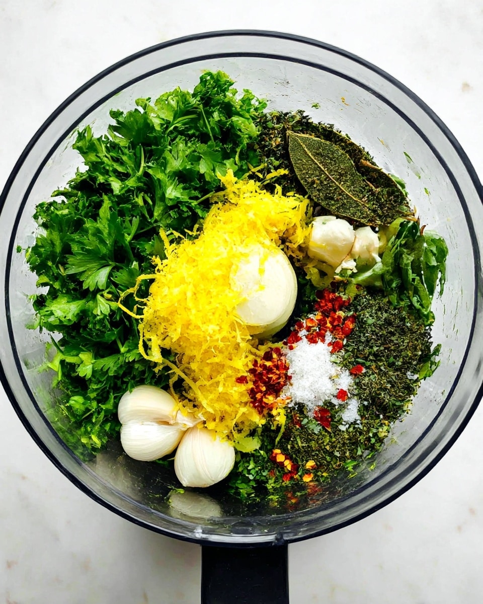 The image shows a clear food processor bowl sitting on a white marbled surface, filled with fresh herbs and seasoning in distinct layers. The bottom layer consists of bright green parsley leaves, next to them is a pile of finely shredded yellow lemon zest placed on one side. Mixed around are whole white garlic cloves and dark green herbs, likely oregano or similar leaves, sprinkled with coarse white sea salt crystals and small red chili flakes. The ingredients are fresh, colorful, and arranged without mixing, ready to be processed. The scene is bright and clean with natural light. photo taken with an iphone --ar 4:5 --v 7