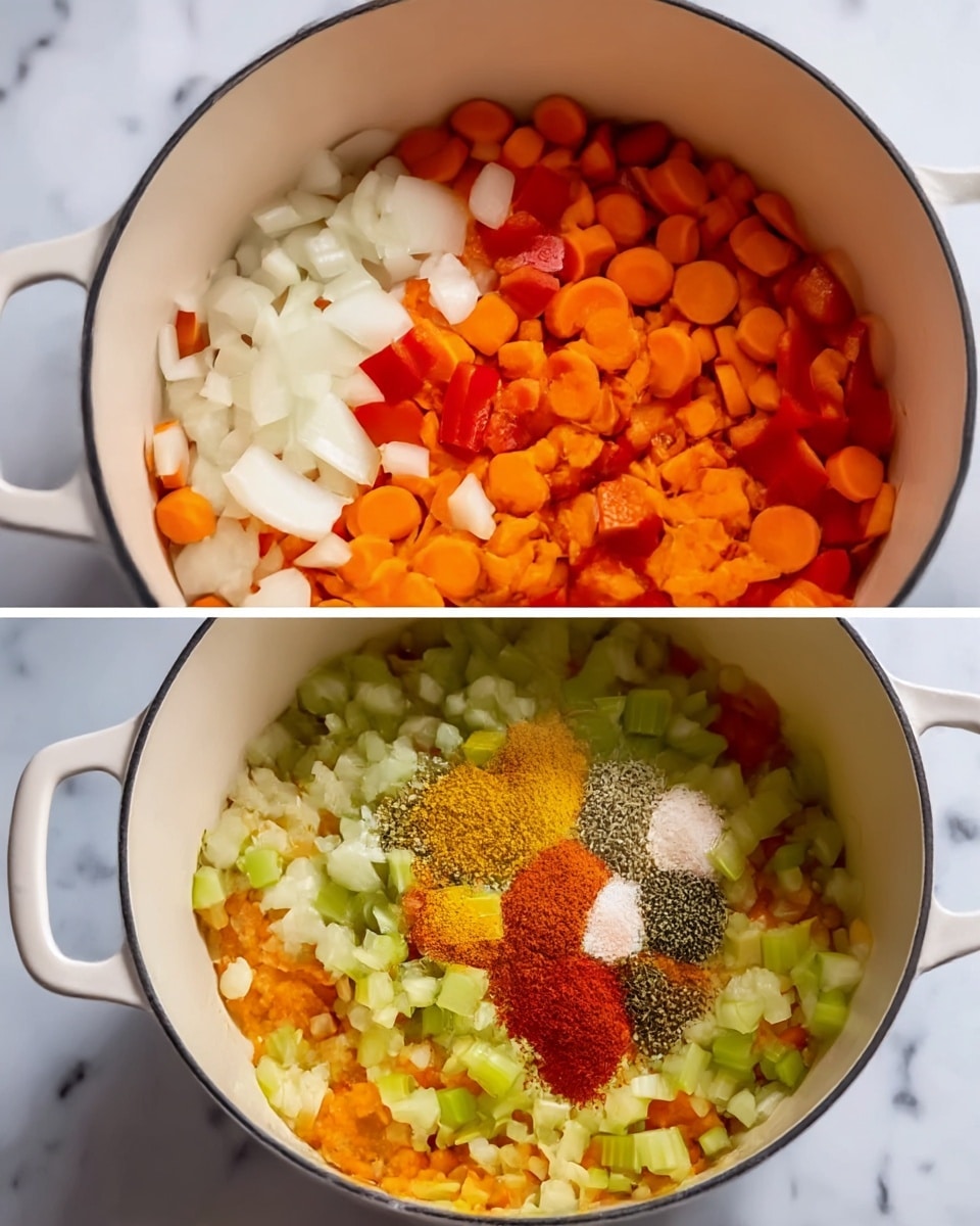 The first image shows a white cooking pot filled with four layers of chopped vegetables: bright orange carrots occupying the largest area in the background, white onions at the front left, red bell peppers in the middle top, and light green celery on the right side, all freshly chopped and evenly placed. The second image shows the same pot with the vegetables now mixed together in a softer, cooked texture with the carrots and celery softened in color. On top of the mixed veggies, there is a collection of colorful spices and seasonings, including yellow, black, white, and red powders, roughly piled in the center. The pot is on a white marbled surface. Photo taken with an iphone --ar 4:5 --v 7