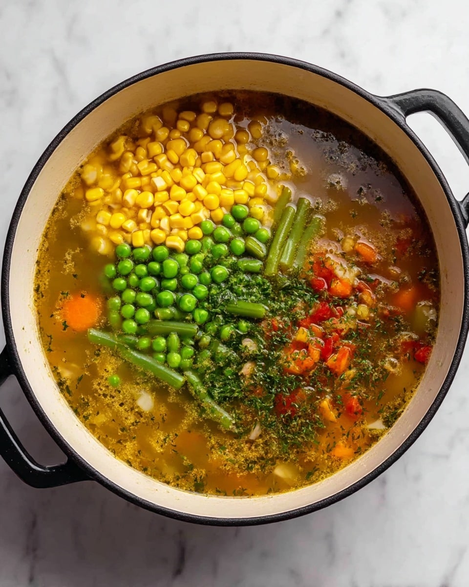 A large white pot with a black rim and black handles is filled with a colorful vegetable soup. The soup has a clear broth with four main sections visible on top: bright yellow corn kernels in one area, vibrant green peas in another, fresh green cut beans in the third section, and a mix of finely chopped red and orange vegetables with herbs spread throughout the broth. The broth is light brownish with visible herbs and small bubbles on the surface. The pot sits on a white marbled surface. photo taken with an iphone --ar 4:5 --v 7