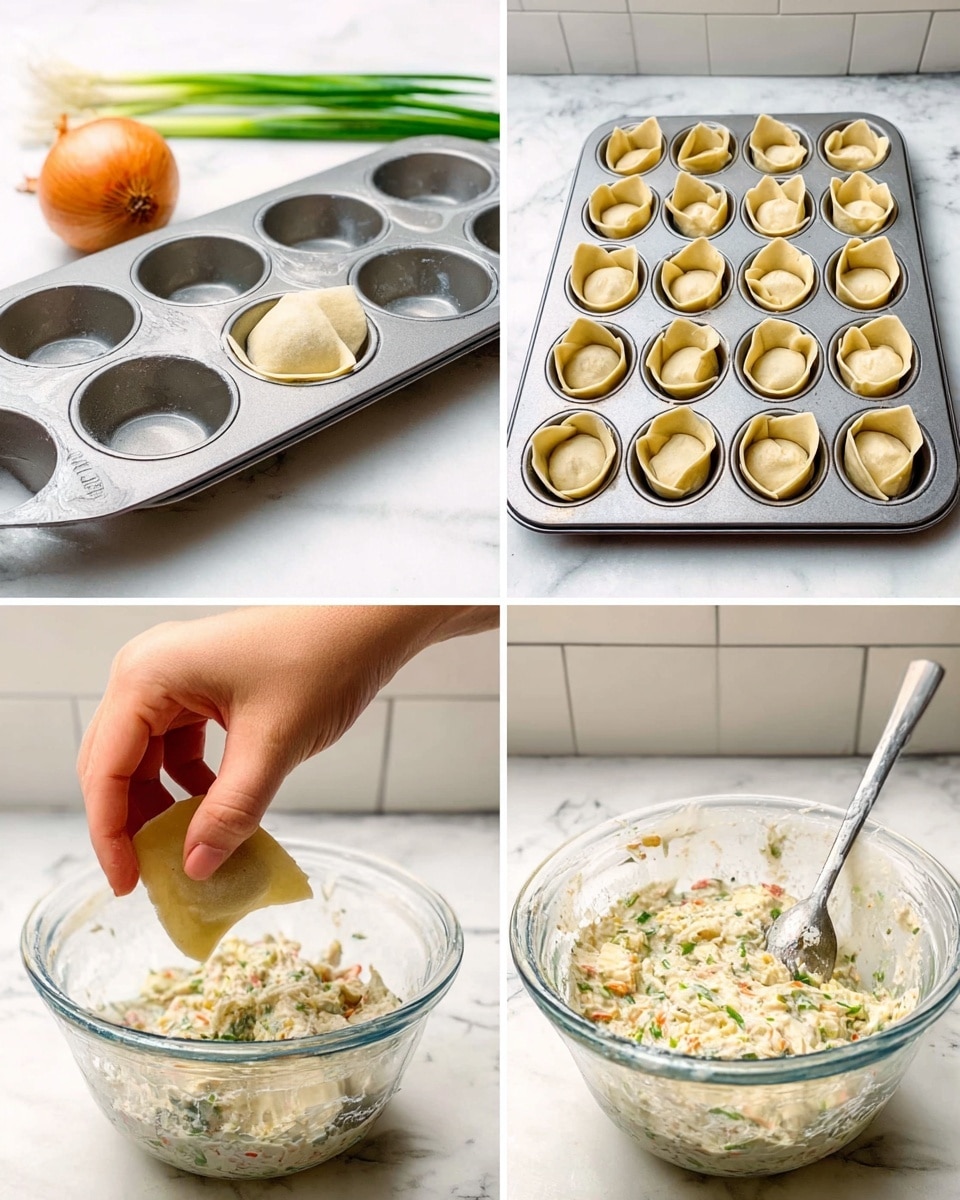 The first image shows a woman's hand pressing a square piece of thin dough into one of the cups of a metal muffin tray on a white marbled surface, with a small green onion and an orange peel piece in the background. The second image displays the same tray now filled with many dough pieces shaped like small cups, and the woman's hand spraying cooking spray over them. The third image shows the woman's hand stirring a creamy mixture in a clear glass bowl on the same white marbled surface; the mixture has visible small chunks of vegetables or herbs mixed in, making it textured and colorful. photo taken with an iphone --ar 4:5 --v 7