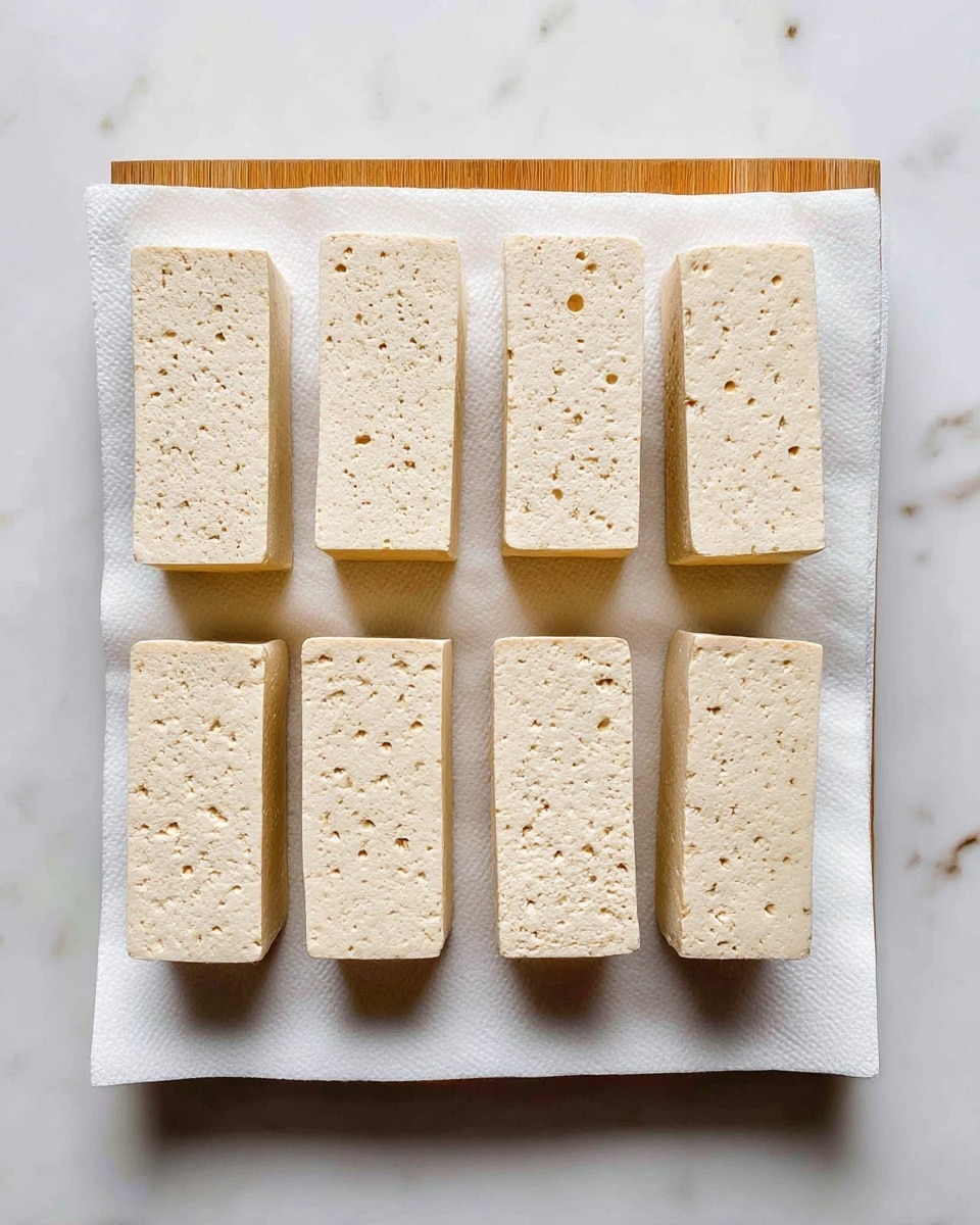The image shows eight rectangular beige tofu pieces arranged in two rows on a white paper towel, which is laid on a wooden cutting board. The tofu pieces have a smooth, slightly porous texture with small holes visible on the surface. The wooden board rests on a white marbled surface that serves as the background. photo taken with an iphone --ar 4:5 --v 7