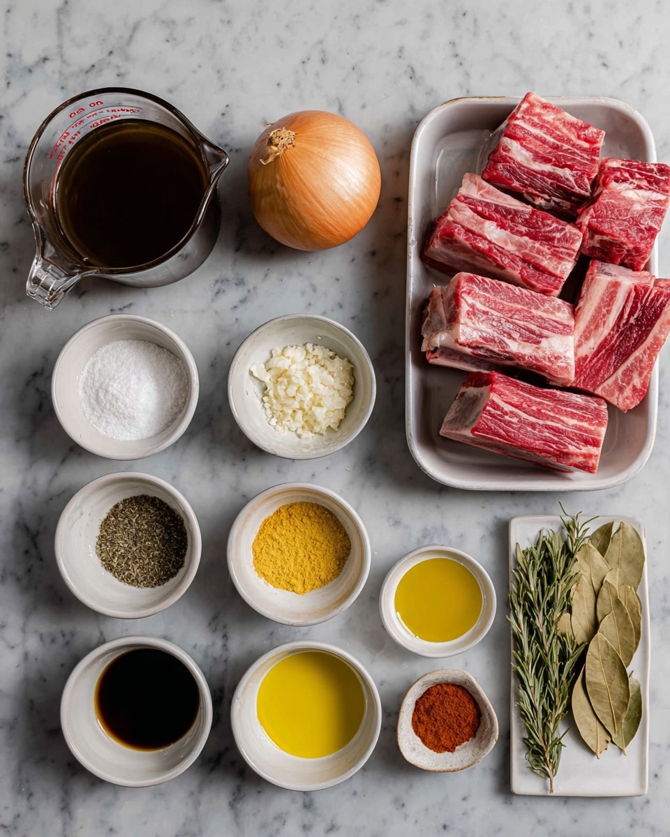 The image shows a cooking setup with ingredients arranged neatly on a white marbled surface. At the top right is a white metal tray holding thick, red raw beef ribs with visible white marbling. To the left of the tray is a whole brown onion, and next to it on the far left is a clear glass measuring cup filled with dark brown broth. Below, in a row of small white bowls, are various ingredients: white powder (likely flour or cornstarch), seasoning with black and white granules, minced pale yellow garlic, and dried green herbs. Below this row are smaller bowls and containers with dark soy sauce, bright yellow mustard, a few dry bay leaves on a square white plate, tomato paste, white salt, olive oil with a golden shine, and dried green rosemary. The ingredients are evenly spaced and clearly visible. Photo taken with an iphone --ar 4:5 --v 7