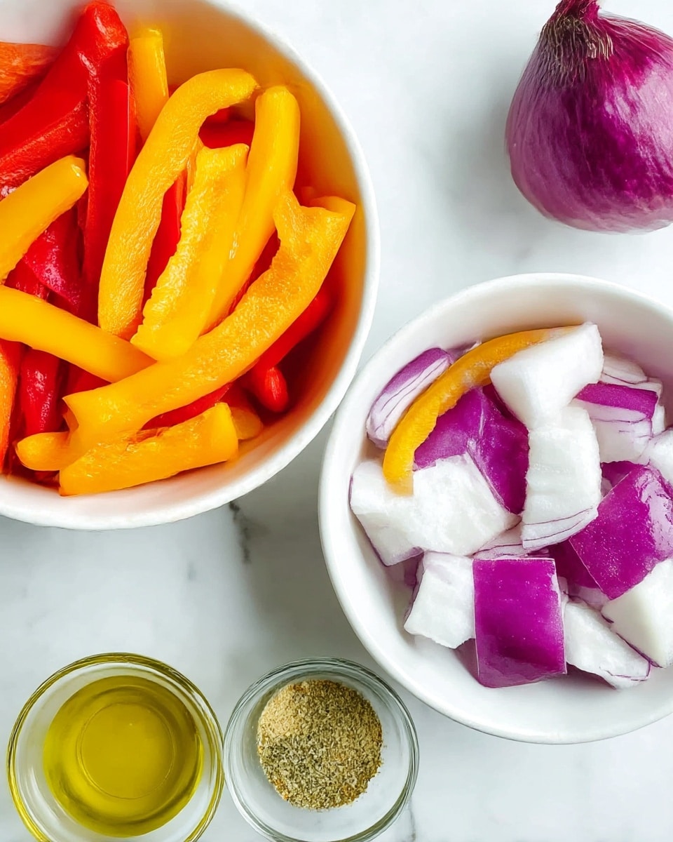 A white bowl filled with long strips of red and yellow bell peppers sits on a white marbled surface. Next to it is another white bowl holding large chunks of purple and white onion pieces. Near the bowls, there are two small clear glass containers, one with golden-yellow olive oil and the other with a mix of ground spices in green and beige tones. A half purple onion with its root is positioned in the top right corner on the white marbled surface. photo taken with an iphone --ar 4:5 --v 7