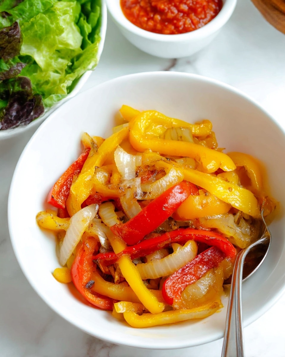 The dish is a white bowl filled with cooked vegetable strips. There are bright yellow and red bell pepper slices with soft, slightly charred edges, mixed evenly with chunks of translucent, cooked onion showing a light browning texture. The vegetables create a colorful mix with the glossy and slightly oily look, suggesting they were sautéed. A spoon is partially inside the bowl on the right side. In the blurred background, there is a small white bowl with red salsa and another white bowl with fresh green lettuce, all set against a white marbled surface. Photo taken with an iphone --ar 4:5 --v 7