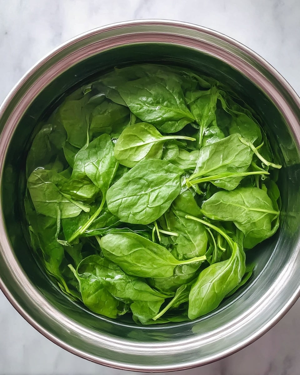 The image shows a silver metal bowl filled with fresh, bright green spinach leaves submerged in water. The spinach leaves vary in size, some with visible stems curling slightly, and have a smooth, slightly shiny texture from the water. The bowl's rim is wide and shiny, reflecting light, and the bowl sits on a white marbled surface. Photo taken with an iphone --ar 4:5 --v 7
