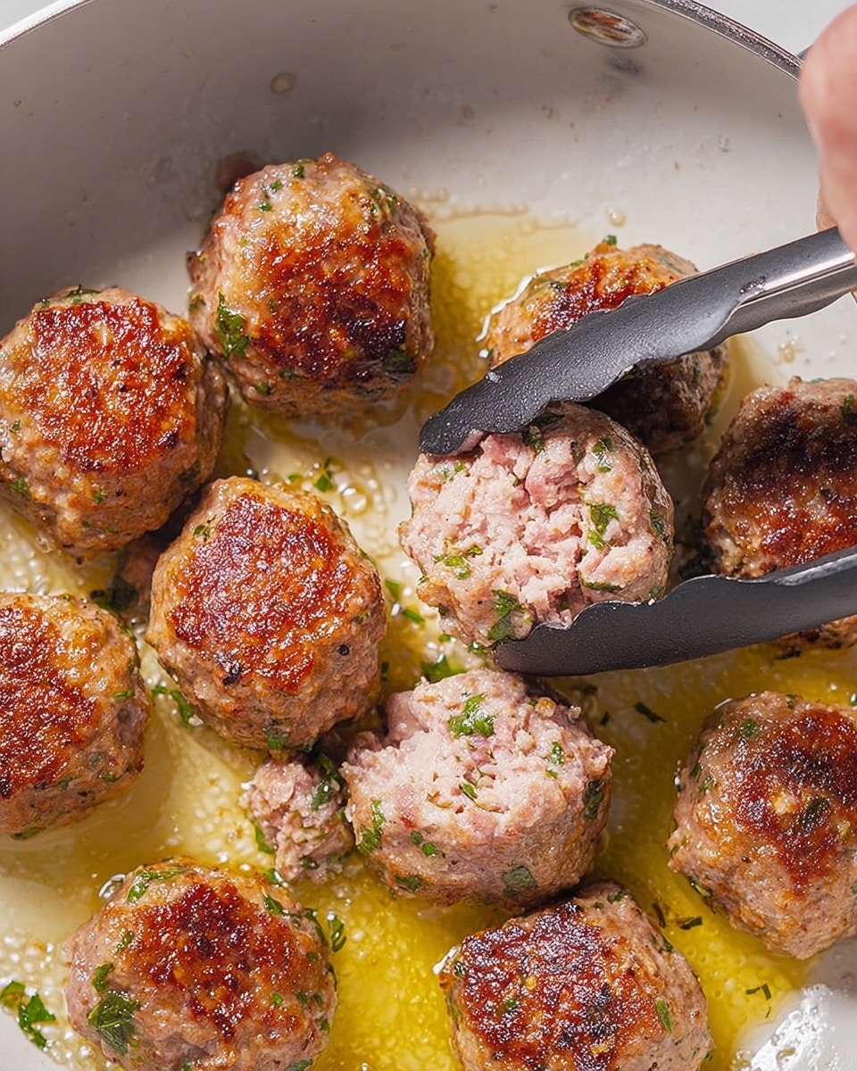 The image shows a close-up of several small meatballs frying in a white pan on a white marbled surface. The meatballs have two main layers: one side is browned and crispy with a golden-brown crust, while the other side is raw or partially cooked, showing a pinkish color mixed with green herb pieces inside. The pan has some bubbling light yellow oil around the meatballs. A woman's hand using black kitchen tongs is holding one meatball, ready to turn or lift it. Photo taken with an iphone --ar 4:5 --v 7