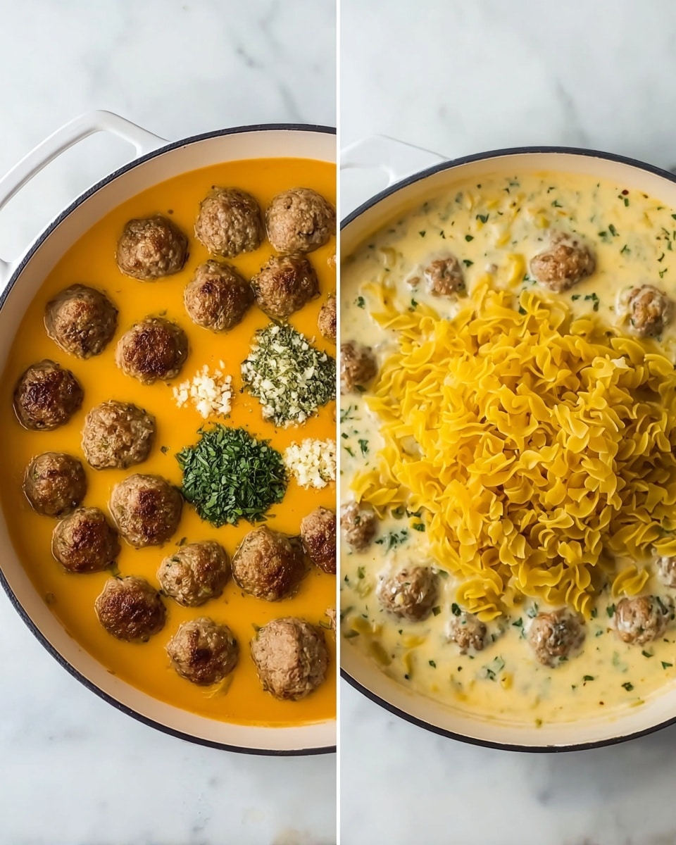 The left side shows a white pan filled with a smooth orange soup-like base and scattered small brown meatballs on top. In the center of the pan, there are three small piles of different chopped herbs in green and a small mound of minced garlic. The right side features the same white pan now with a creamy sauce covering the meatballs, which look the same as before, and a heap of bright yellow, uncooked pasta sitting on top of the sauce and meatballs. Both pans rest on a white marbled surface. Photo taken with an iphone --ar 4:5 --v 7
